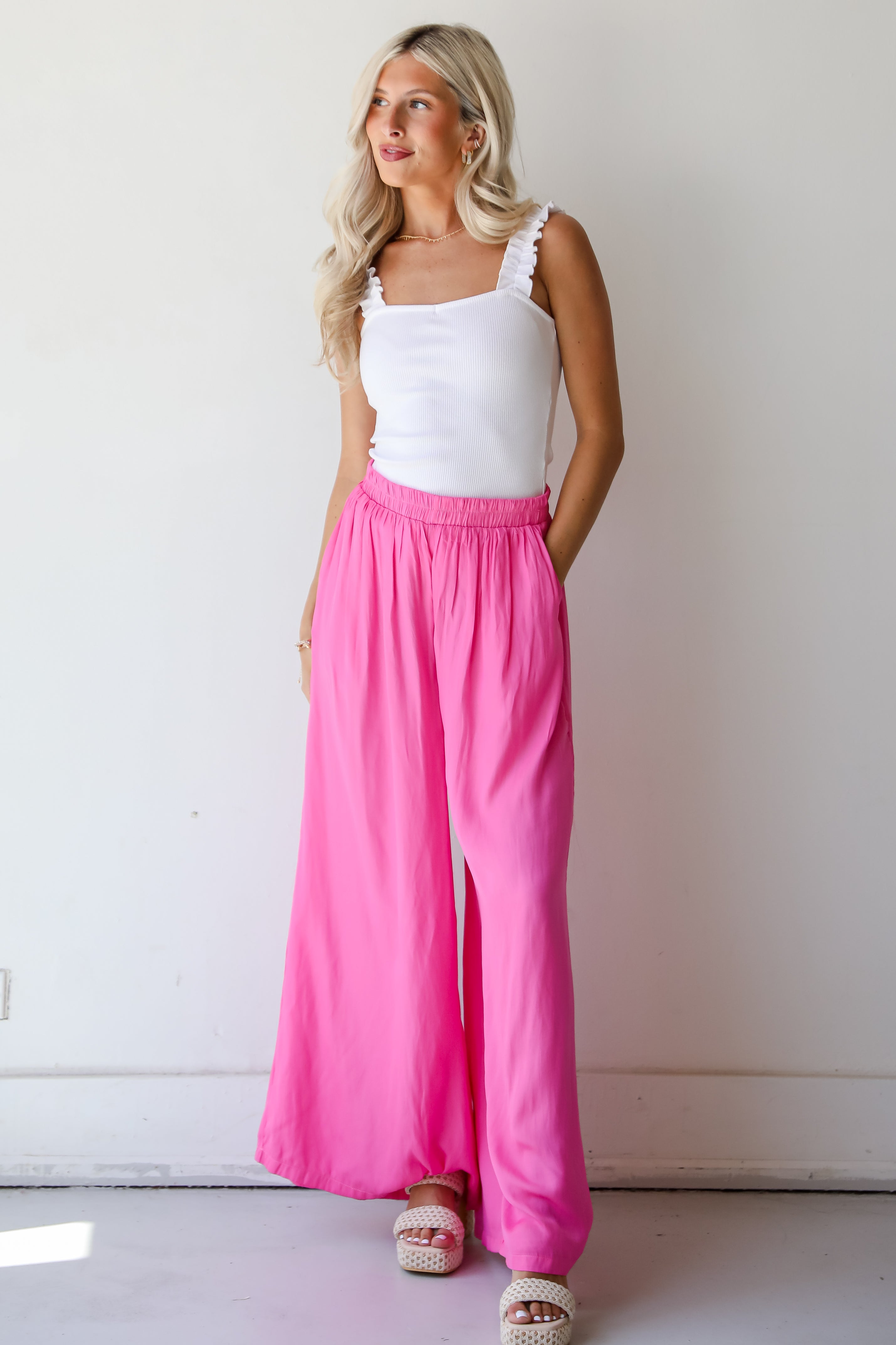 Pink Satin Wide Leg Pants