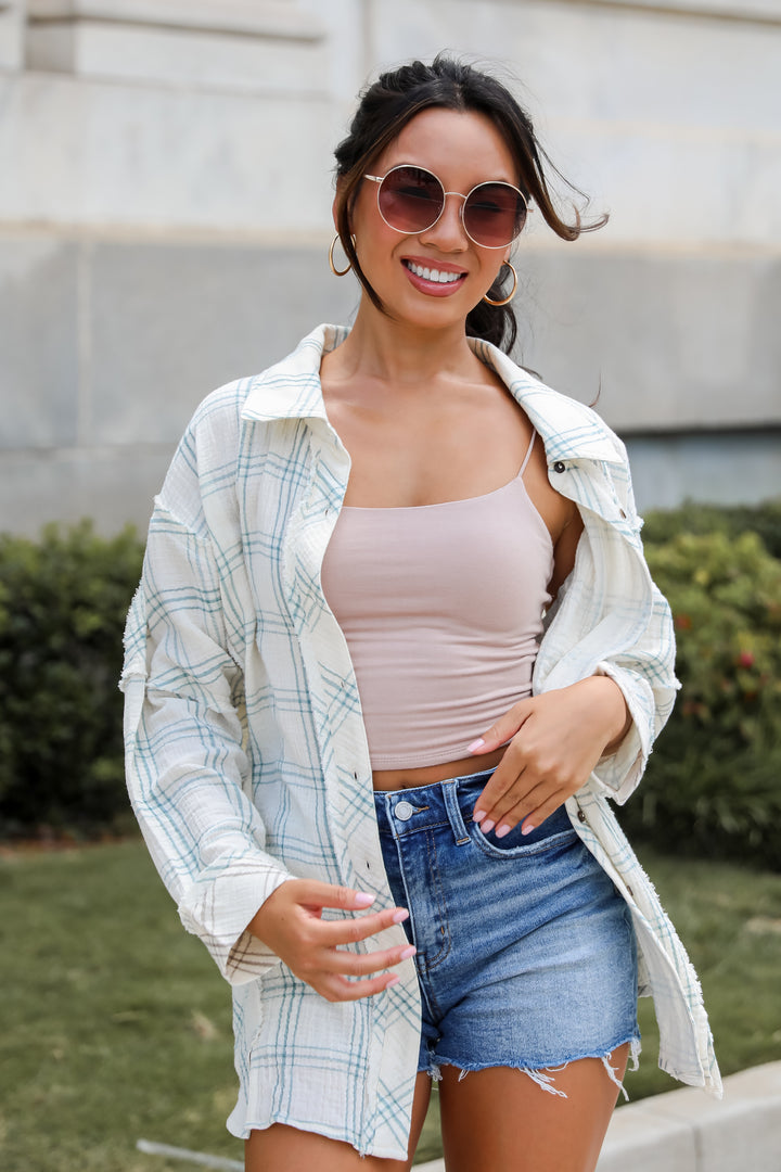 Playful Vibes Plaid Linen Button-Up Blouse