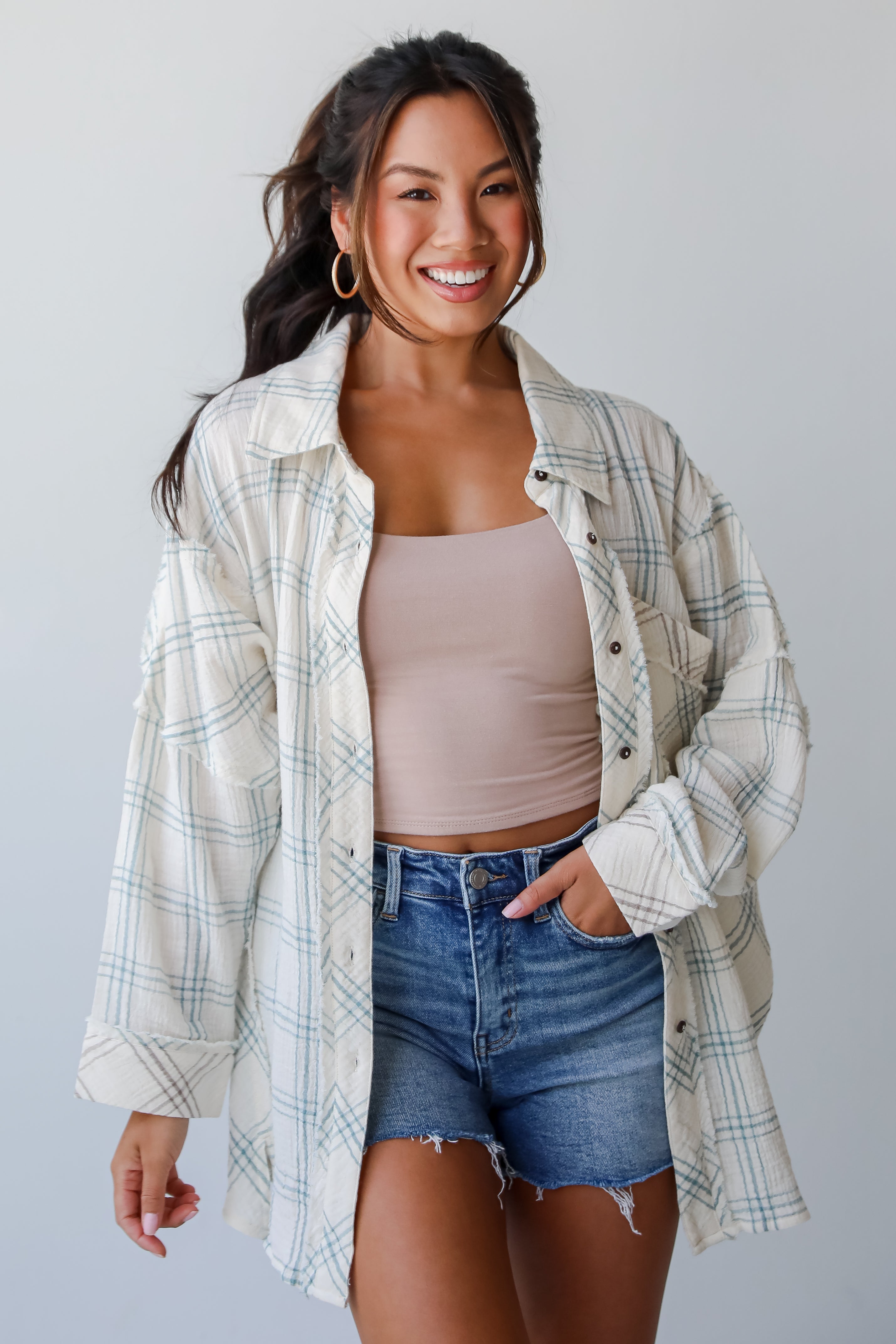 FINAL SALE - Playful Vibes Plaid Linen Button-Up Blouse