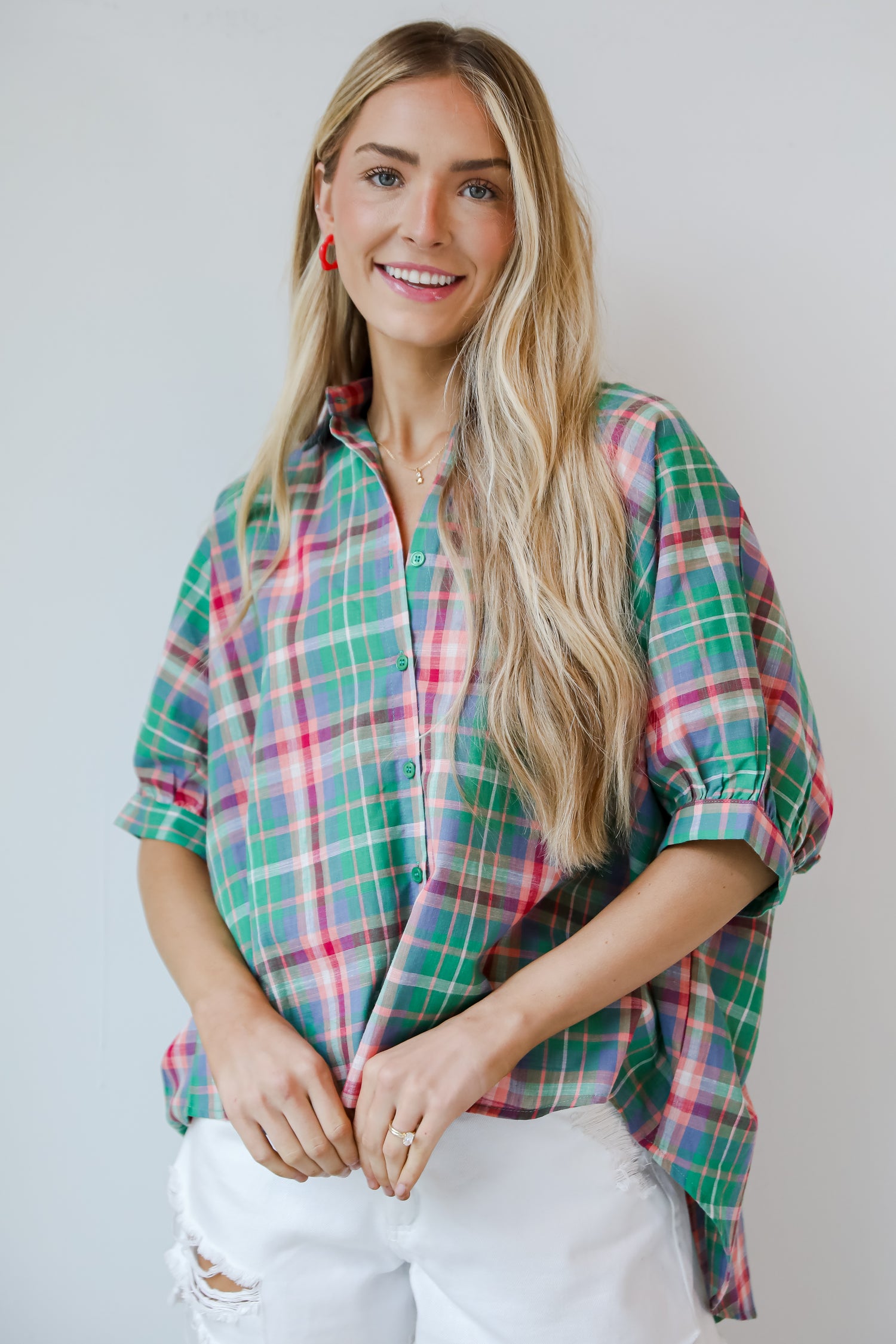 womens Green Plaid Blouse