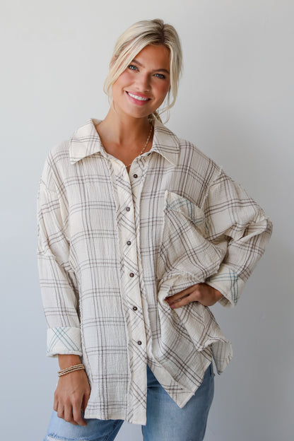 Playful Vibes Plaid Linen Button-Up Blouse