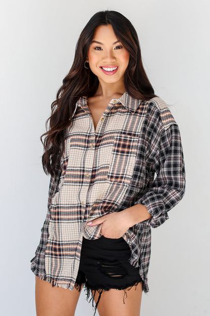 black Plaid Color Block Flannel front view