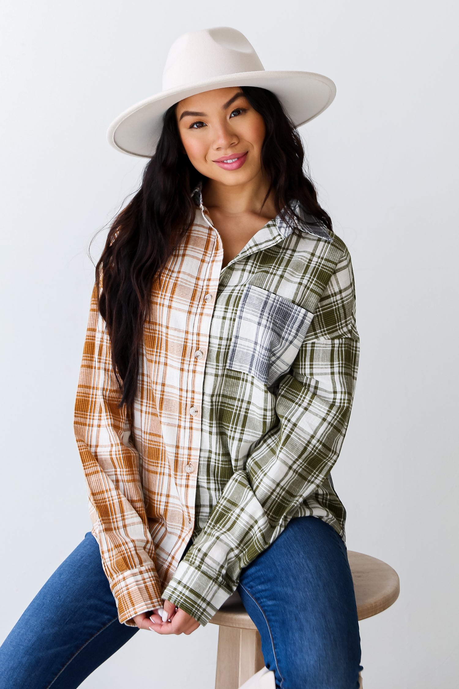 Green Color Block Plaid Flannel close up