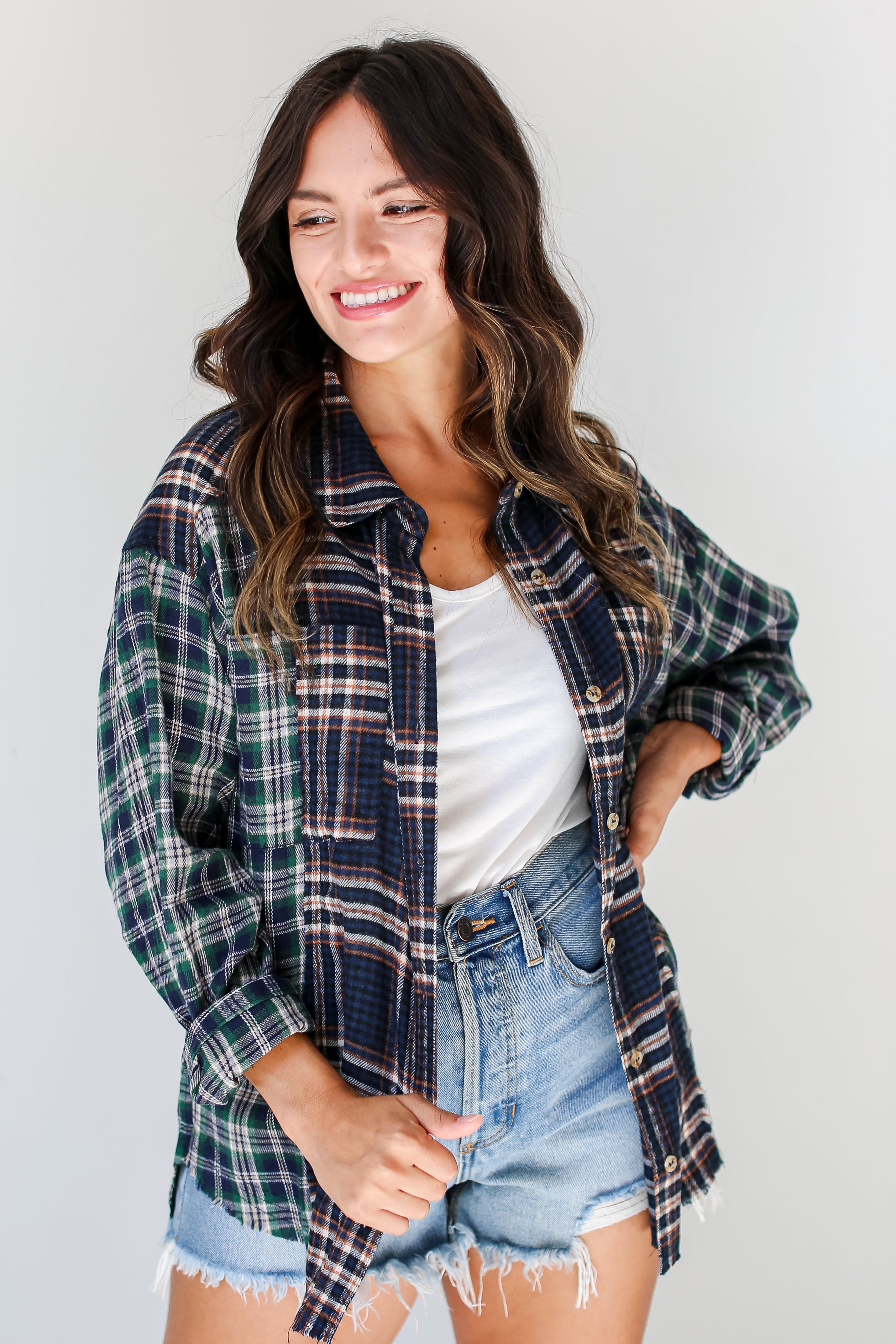 green Plaid Color Block Flannel unbuttoned