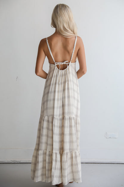 Playful Vibes Grey Plaid Linen Maxi Dress