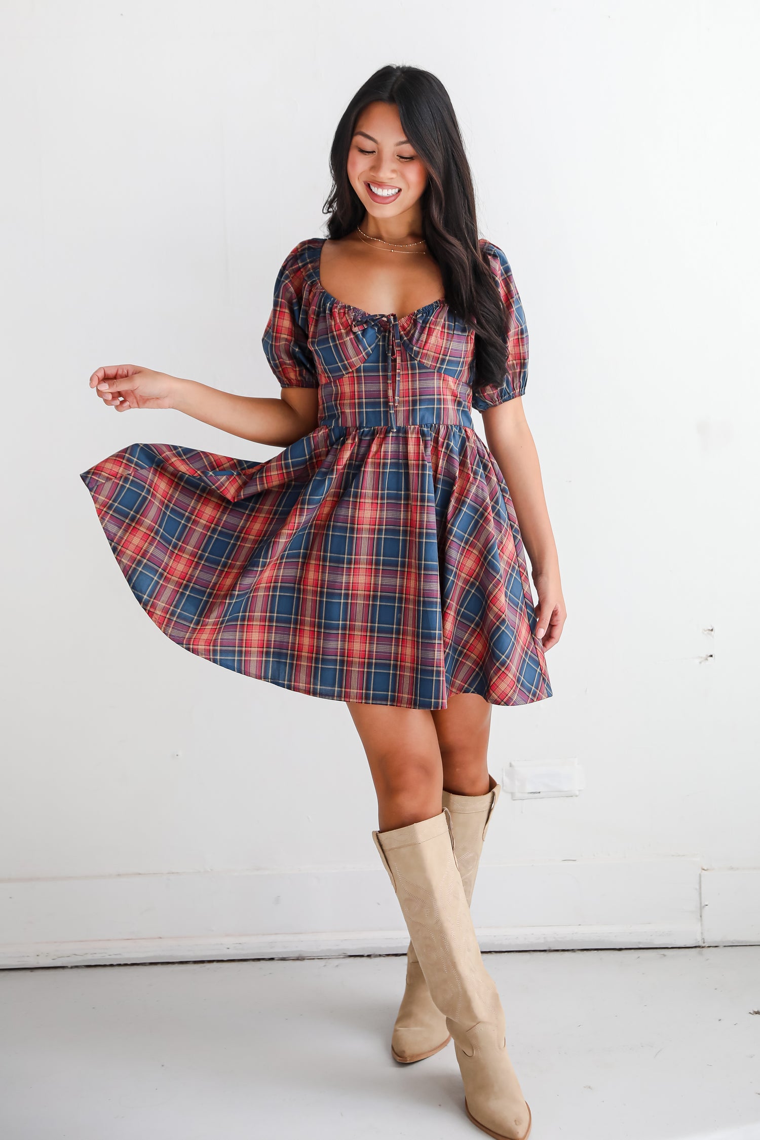 Autumn Approach Navy Plaid Mini Dress