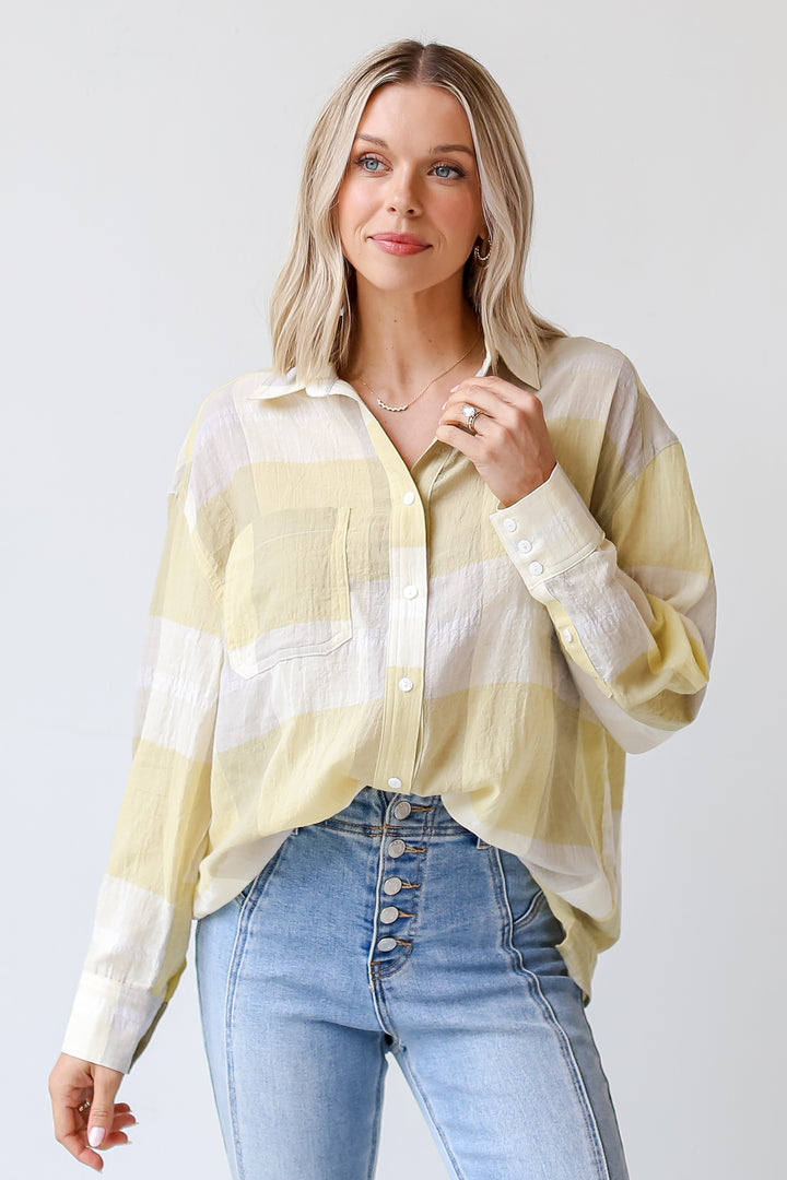 yellow Plaid Button-Up Blouse on dress up model