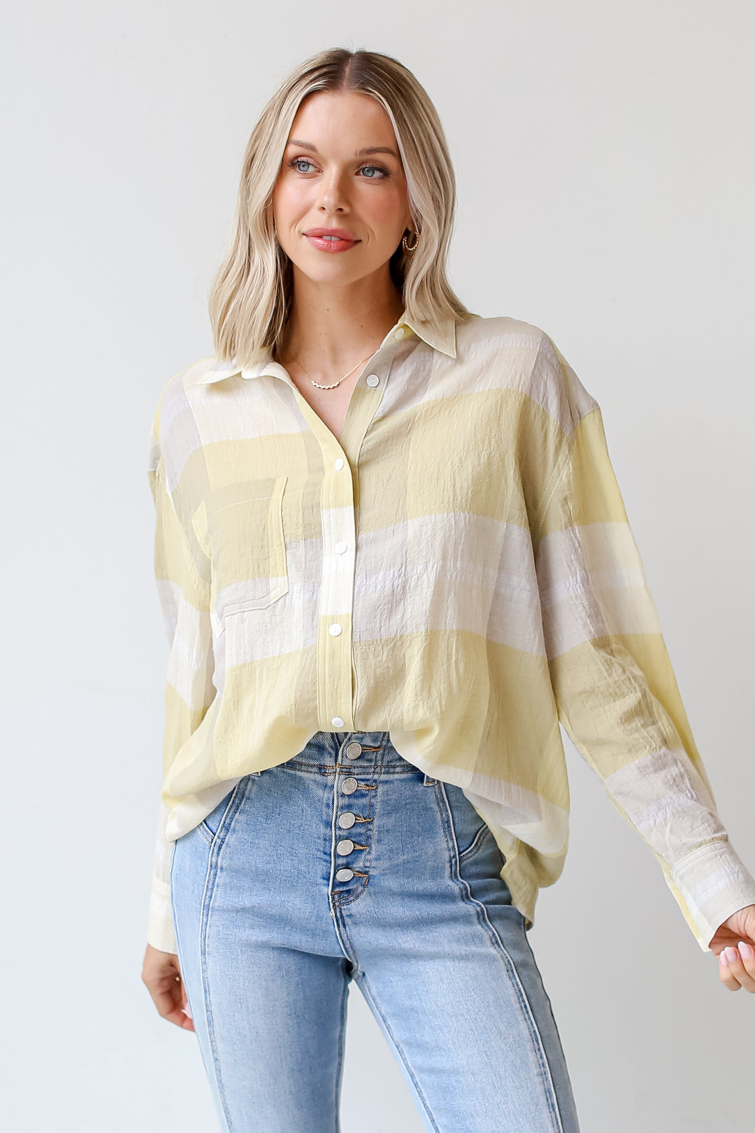 yellow Plaid Button-Up Blouse front view