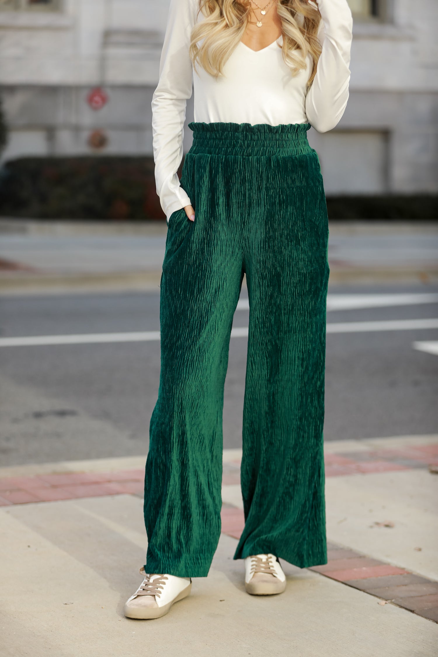 green Velvet Plisse Pants