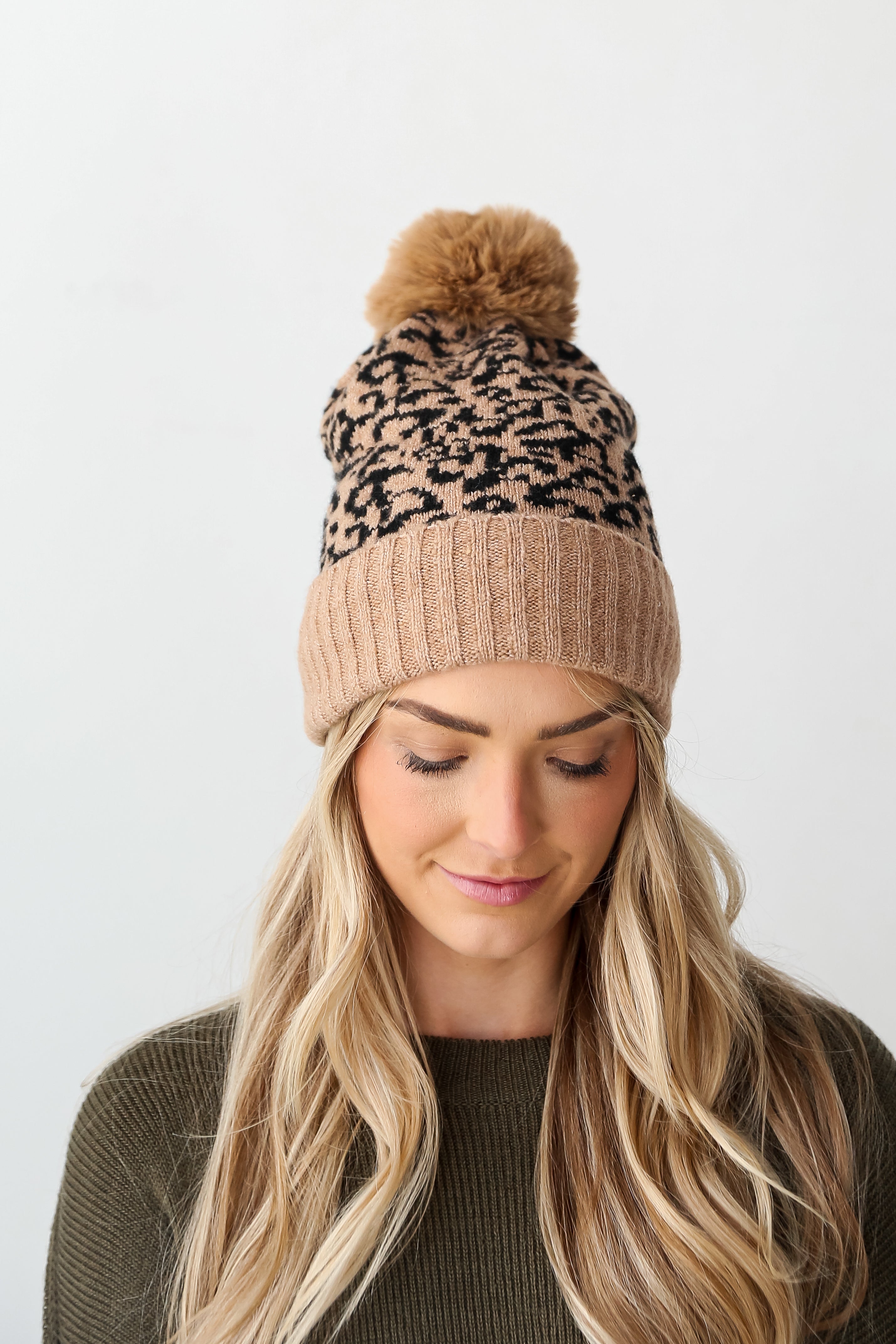 brown Leopard Pom Pom Beanie front view