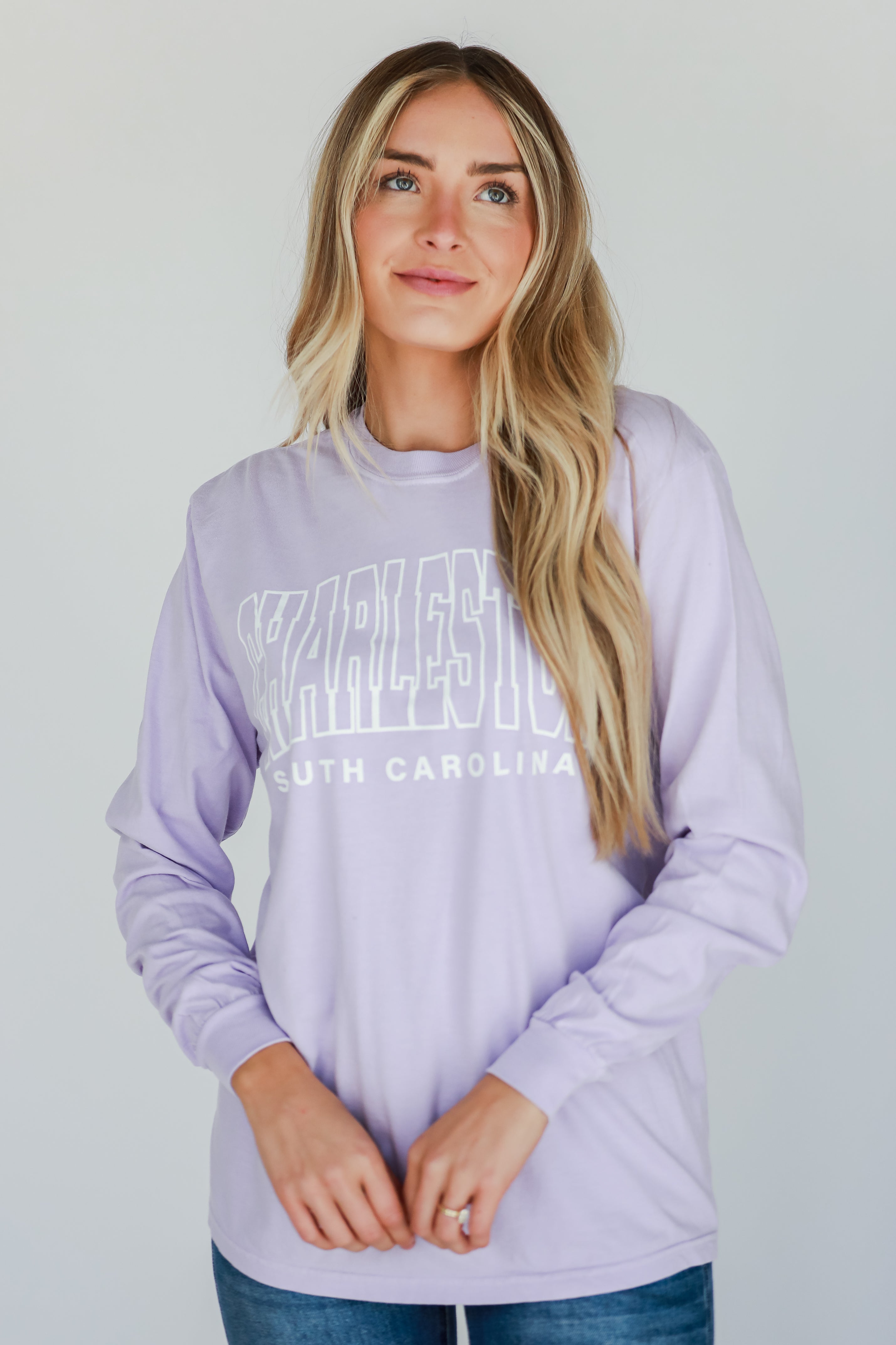 Lavender Charleston South Carolina Long Sleeve Tee on model