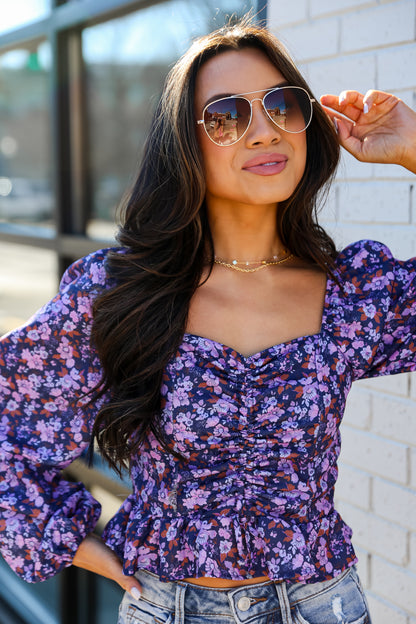 Purple Floral Cropped Blouse