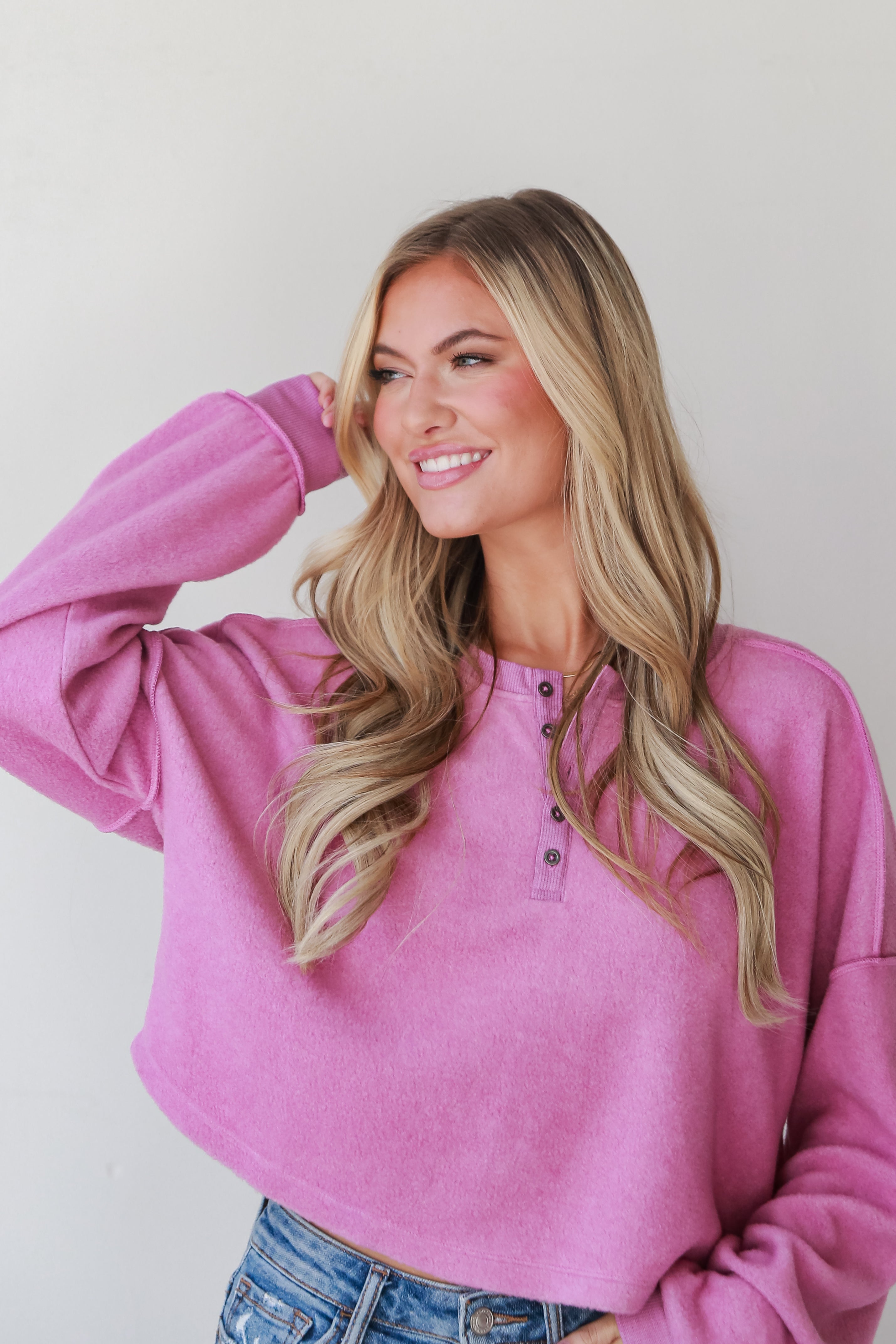 trendy Orchid Fleece Henley Top