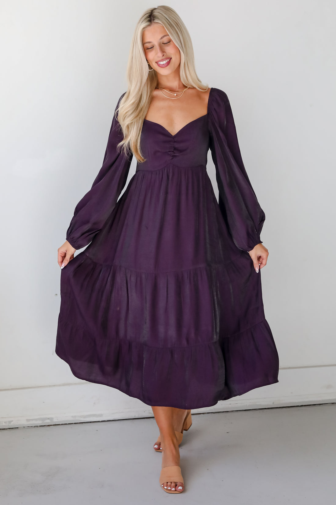 Exquisite Marvel Plum Tiered Midi Dress