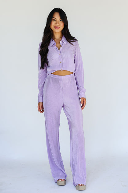 purple Satin Plisse Pants on model