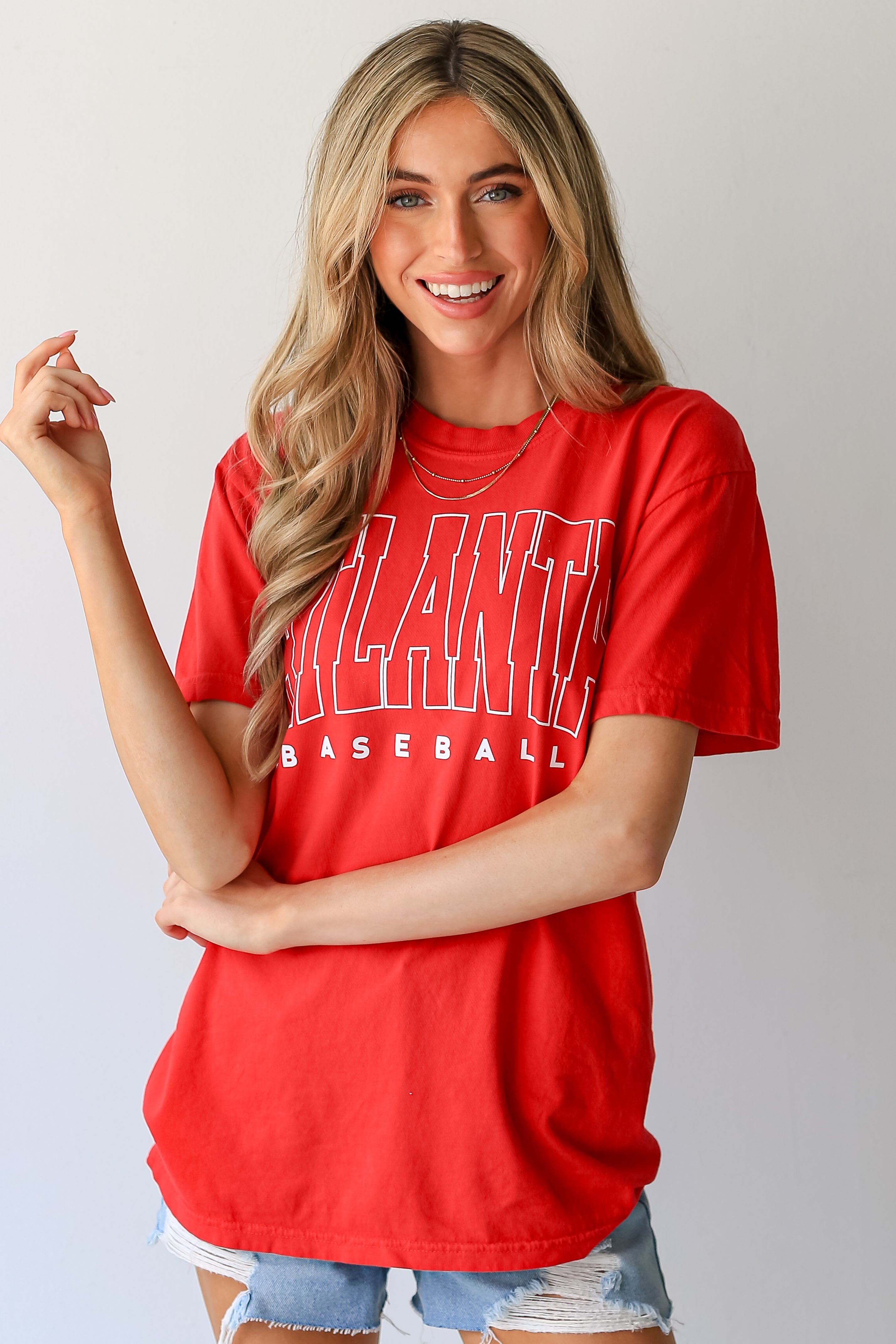 Red Atlanta Baseball Block Letter Tee front view