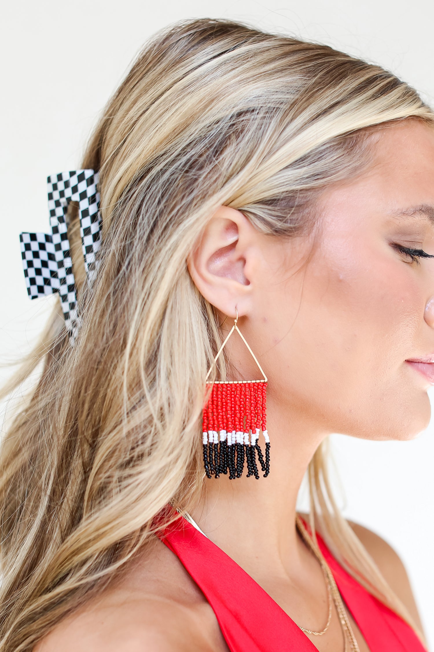 Red + Black Beaded Fringe Earrings on model