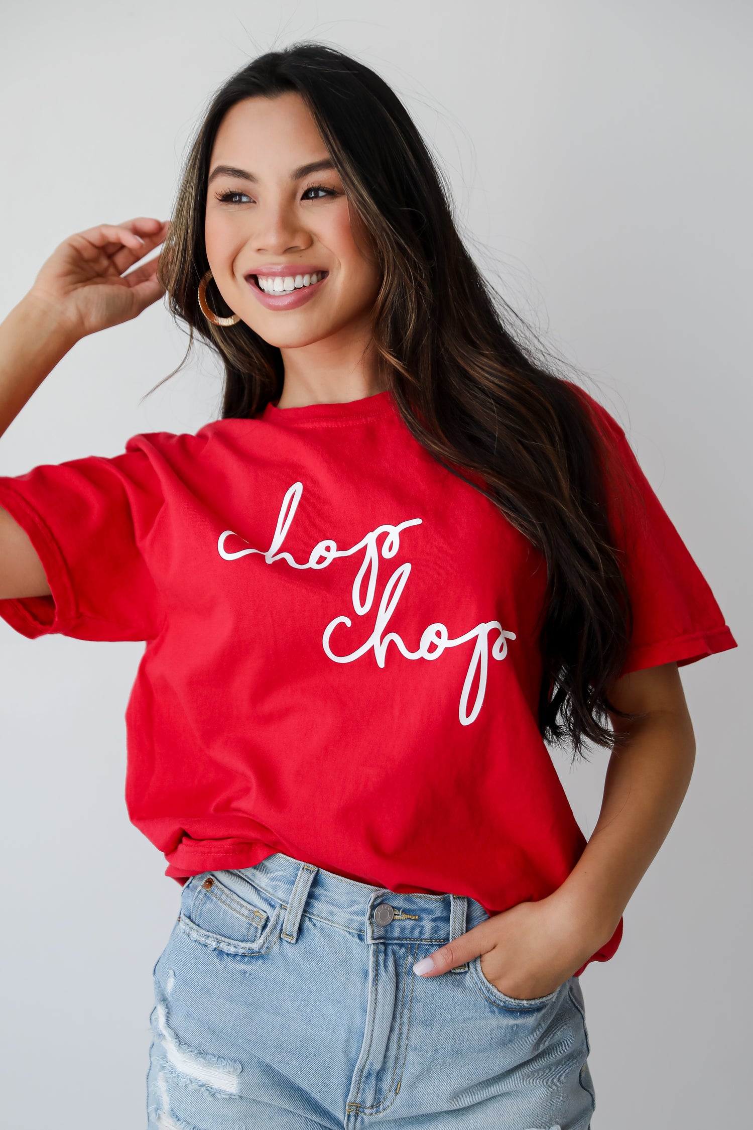 womens Red Chop Chop Script Tee