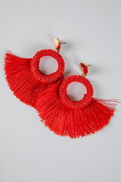 Red tassel earrings on a light gray background
