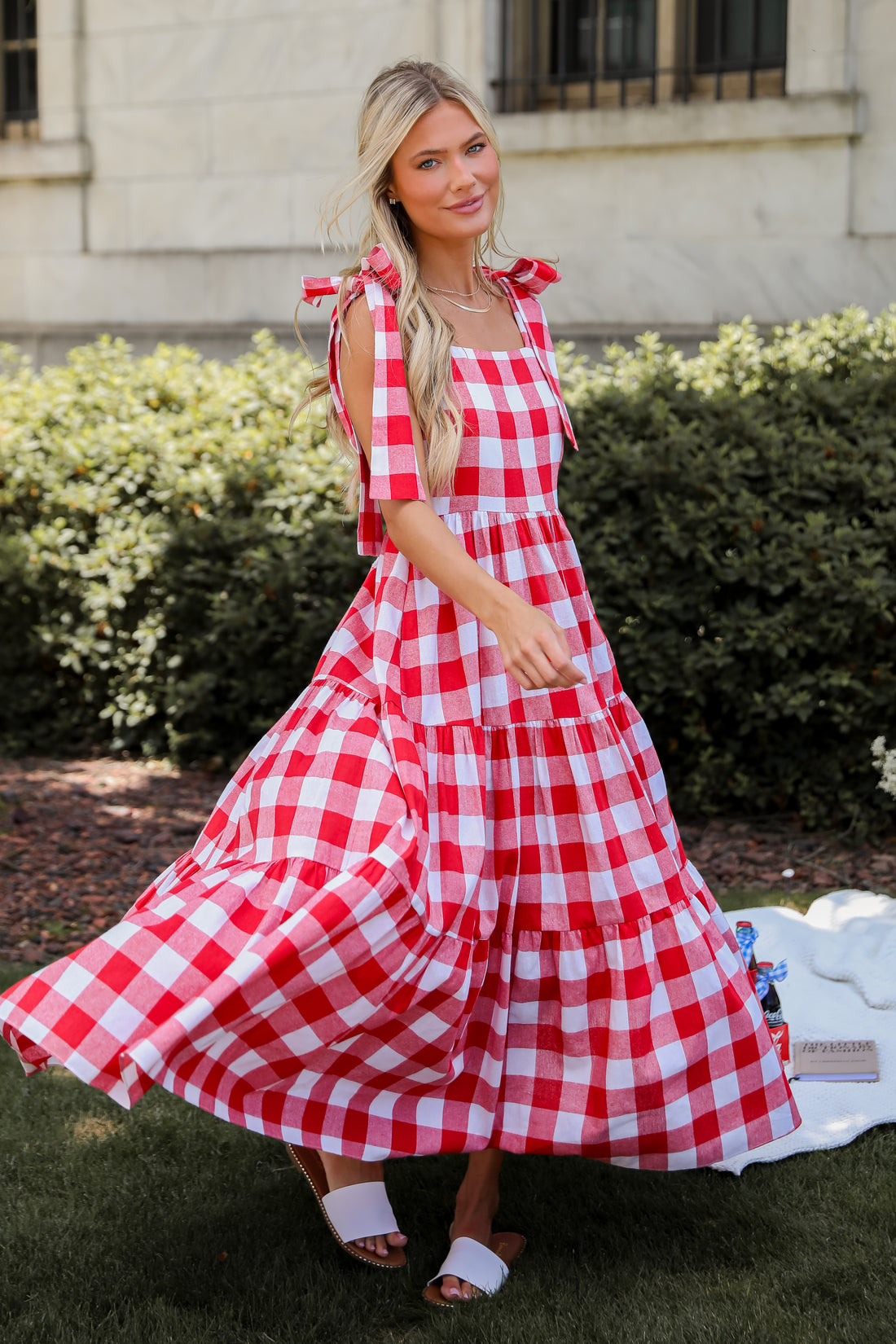 Red Gingham Tiered Maxi Dress