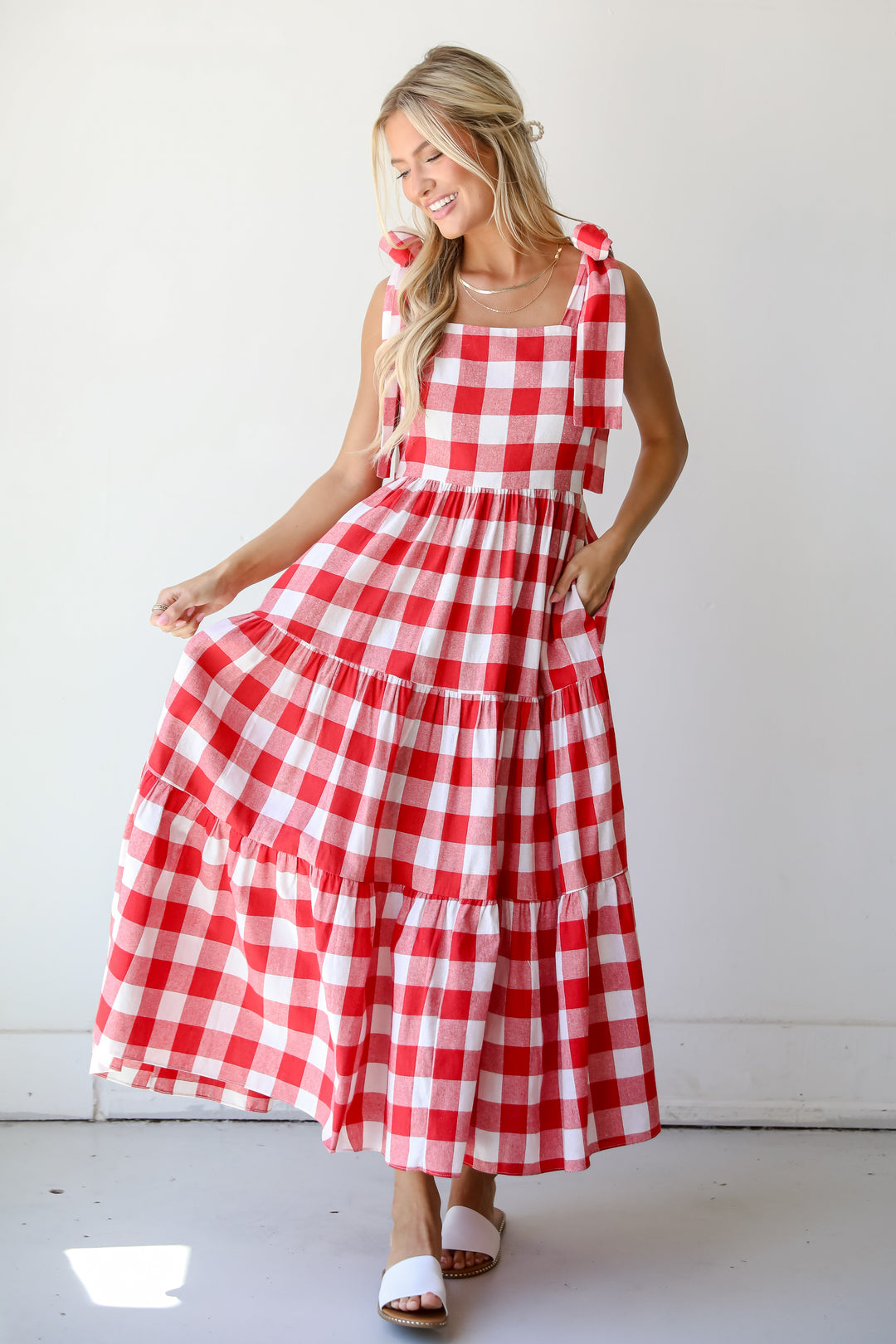 Red Gingham Tiered Maxi Dress