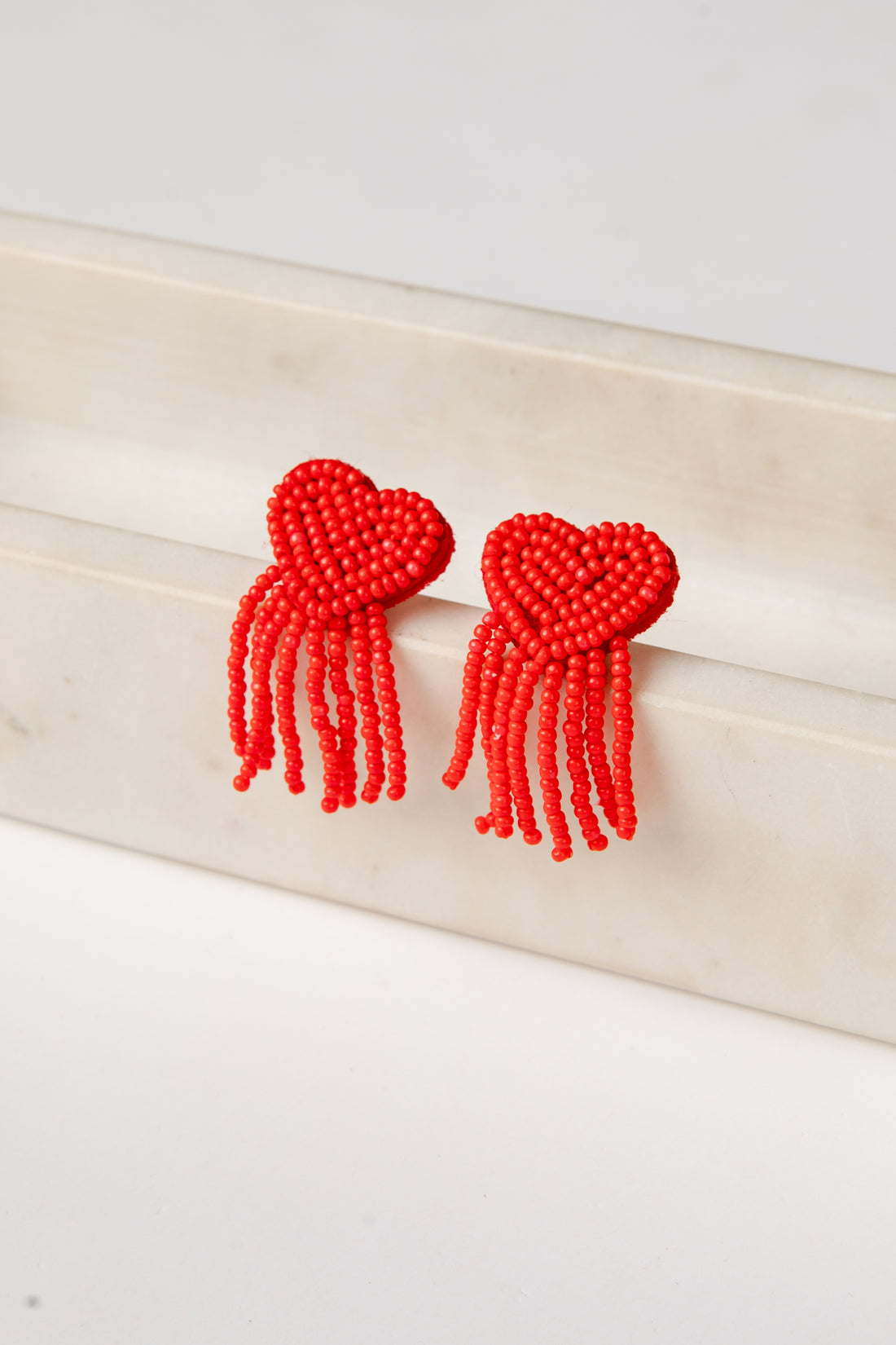 Elara Beaded Red Heart Fringe Earrings