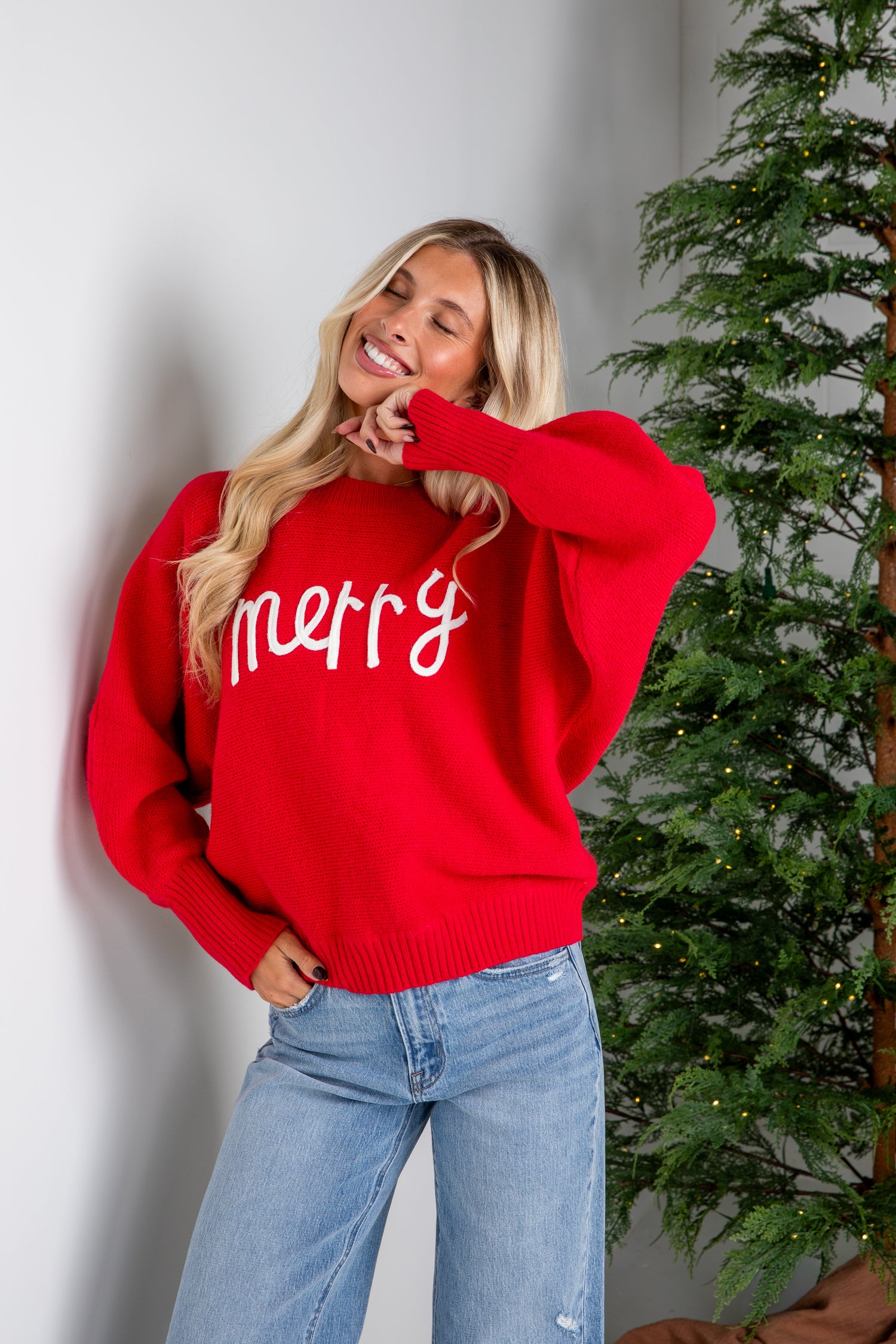 Woman wearing a red &