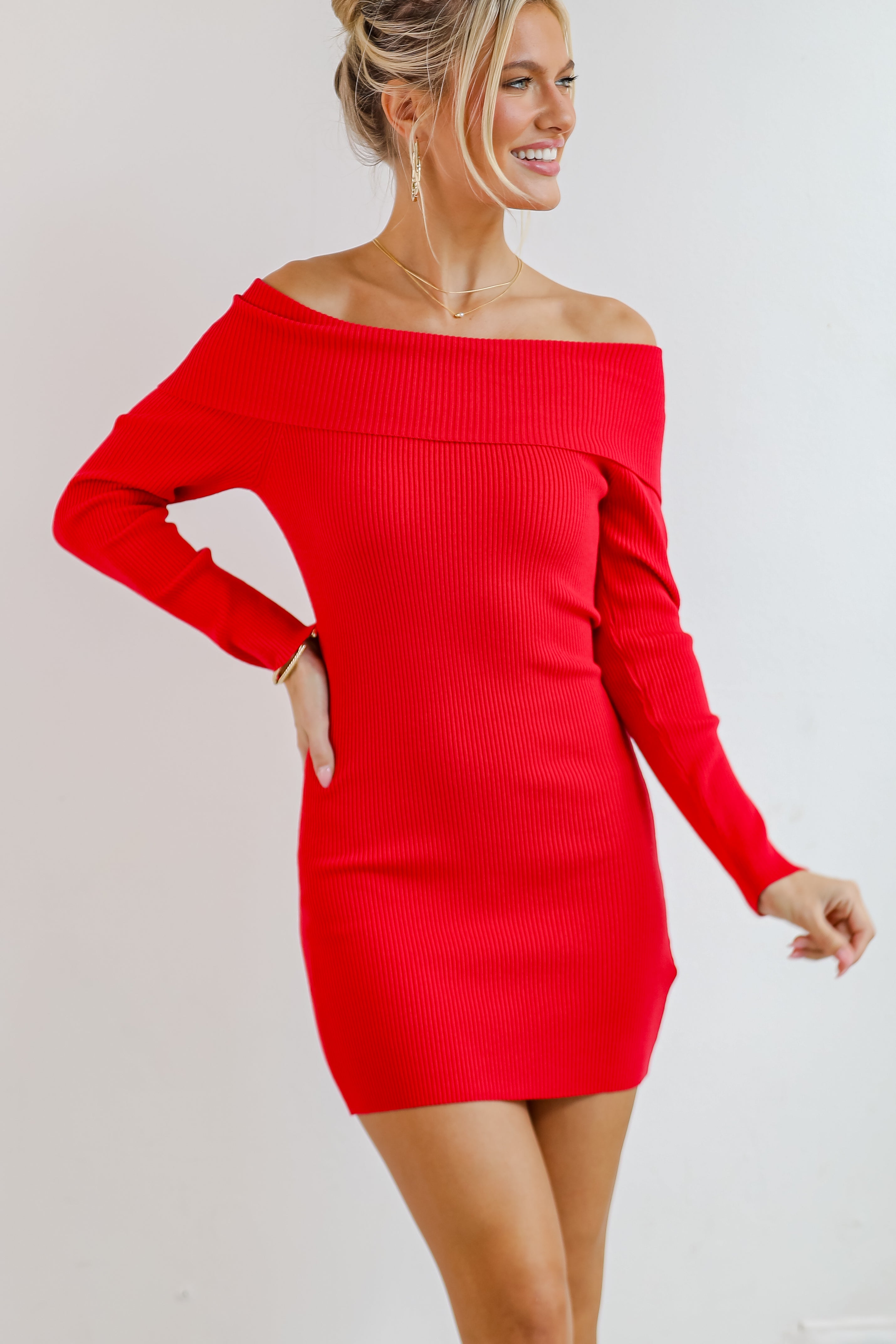 Touchdown Season Off-The-Shoulder Mini Sweater Dress