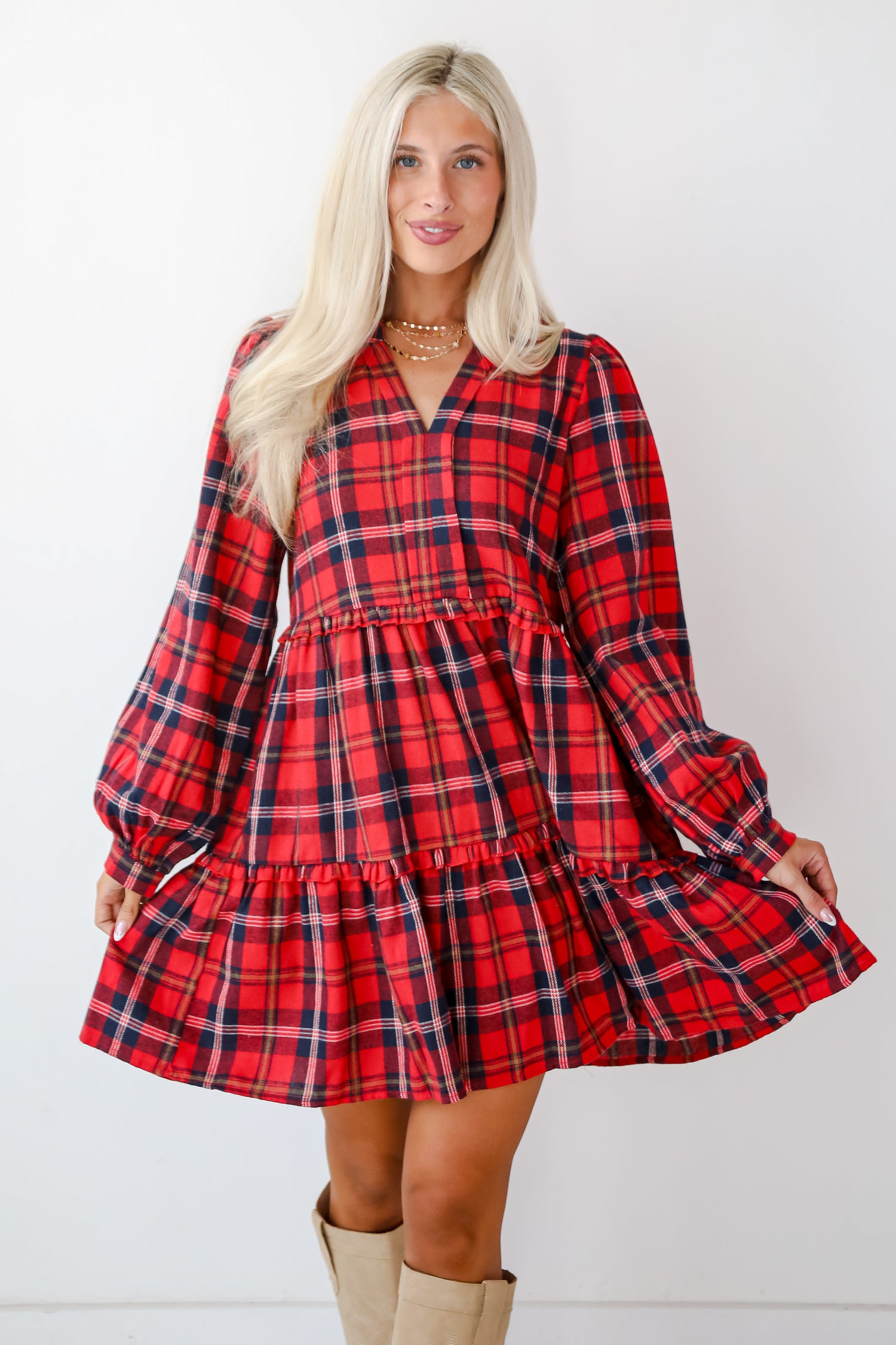 Adorably Demure Red Plaid Tiered Mini Dress