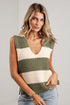 A woman wearing a sleeveless ribbed knit sweater vest with horizontal olive green and cream stripes, paired with light blue jeans.