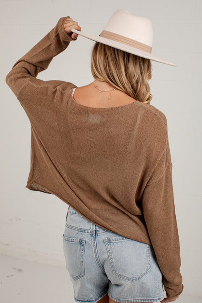 A woman shown from behind wearing a brown long-sleeve knit top, light-wash denim shorts, and a cream wide-brim hat against a white wall.