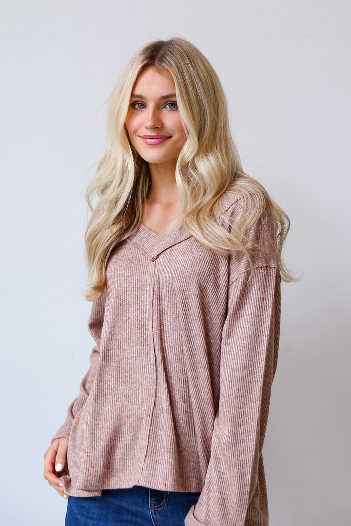 Taupe Brushed Ribbed Knit Top front view