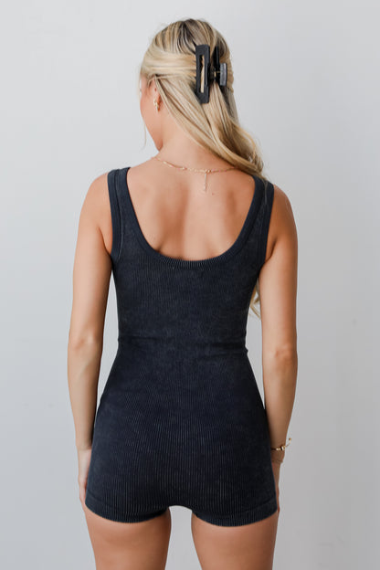 casual black Ribbed Seamless Romper