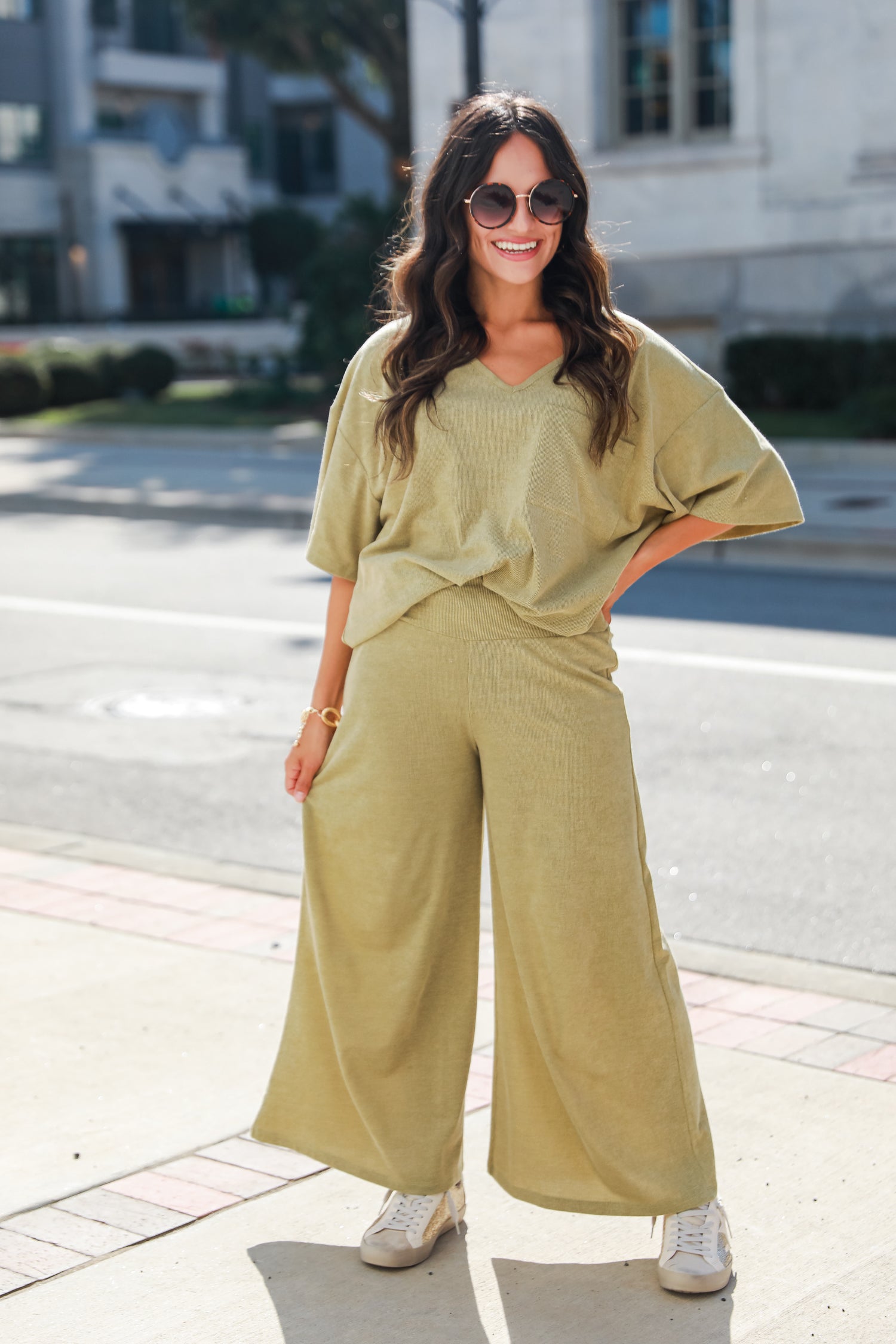 green Wide Leg Pants on model