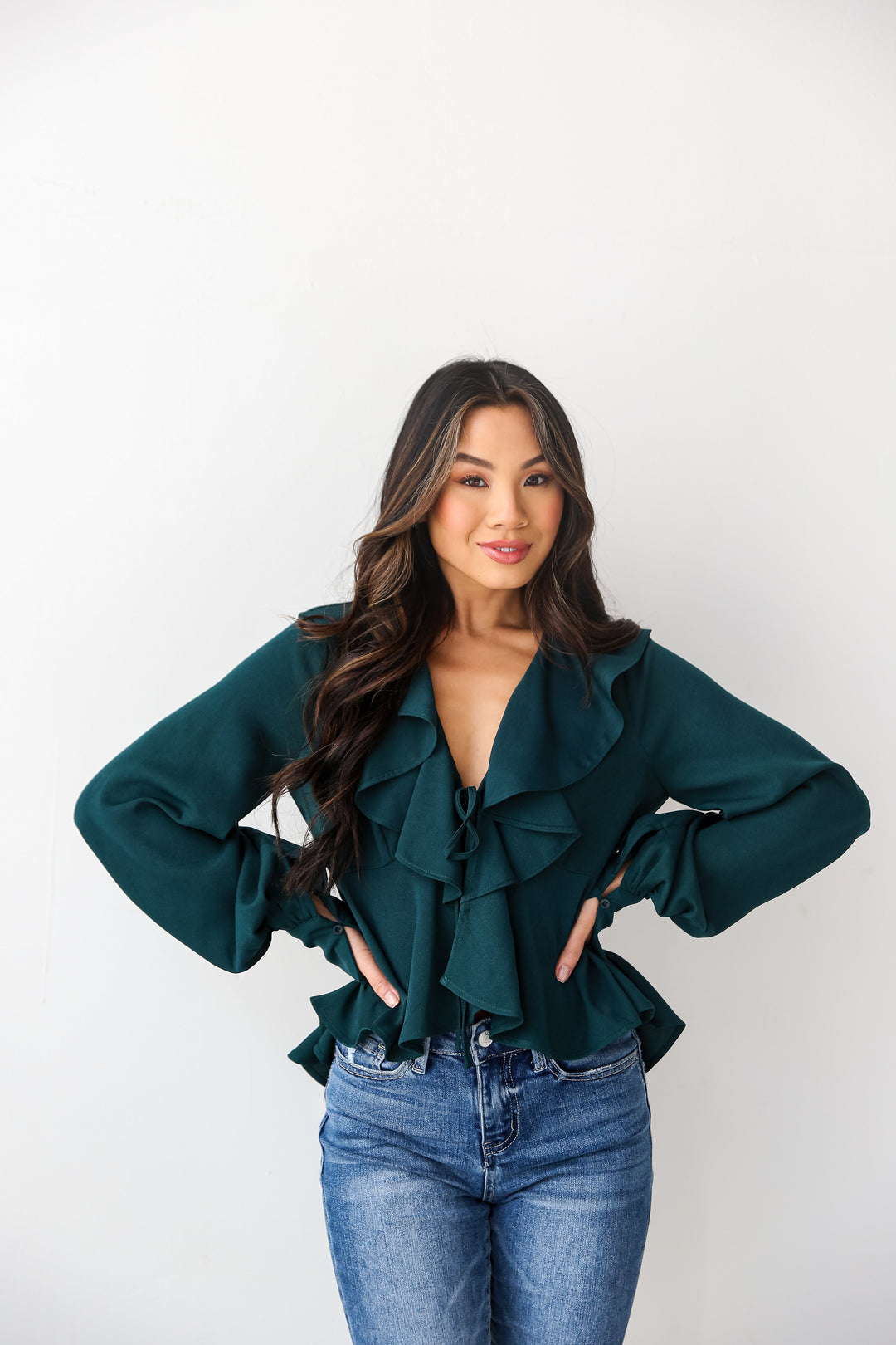 Hunter Green Ruffle Blouse front view