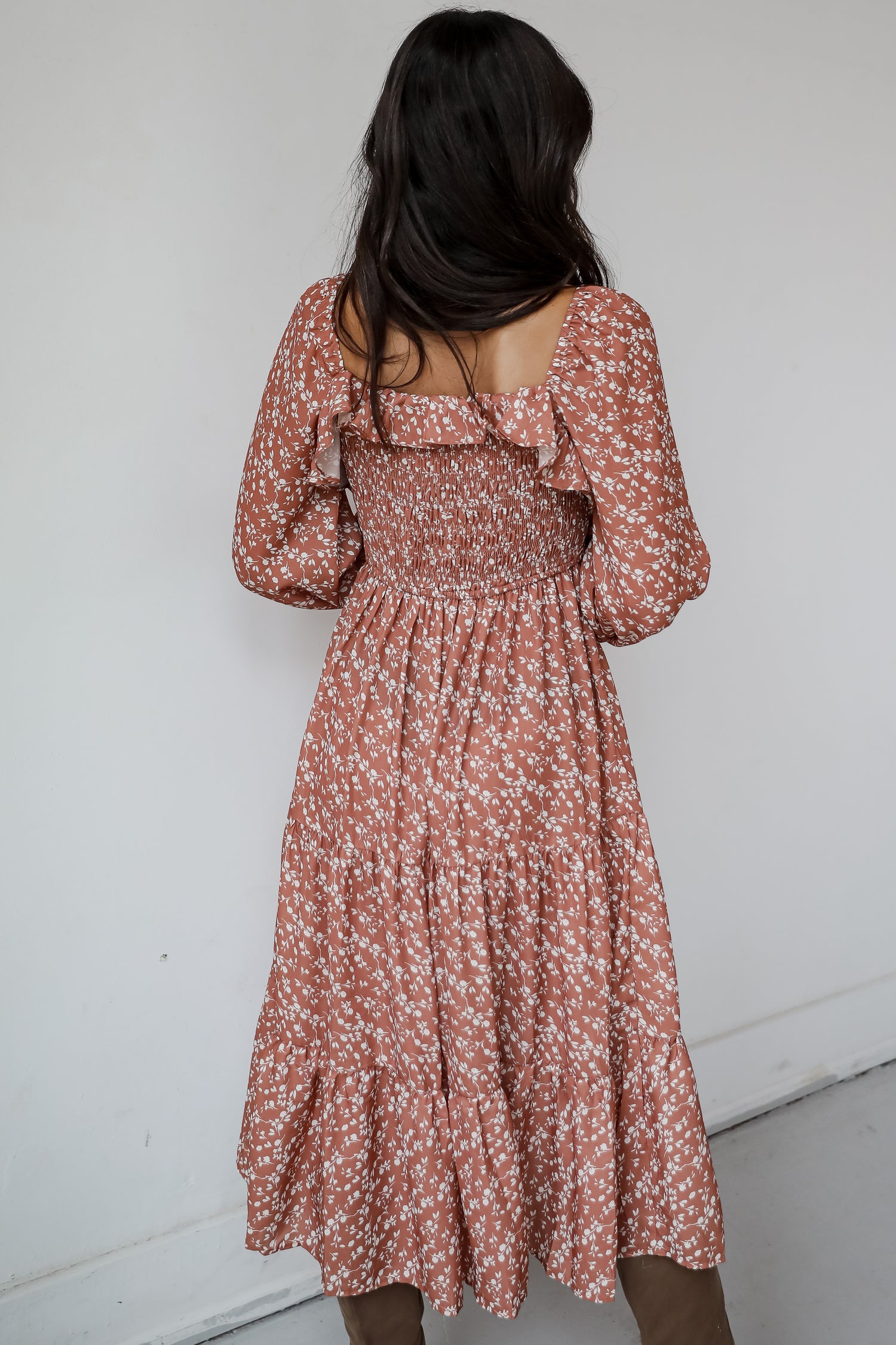 Elevated Invite Rust Floral Midi Dress