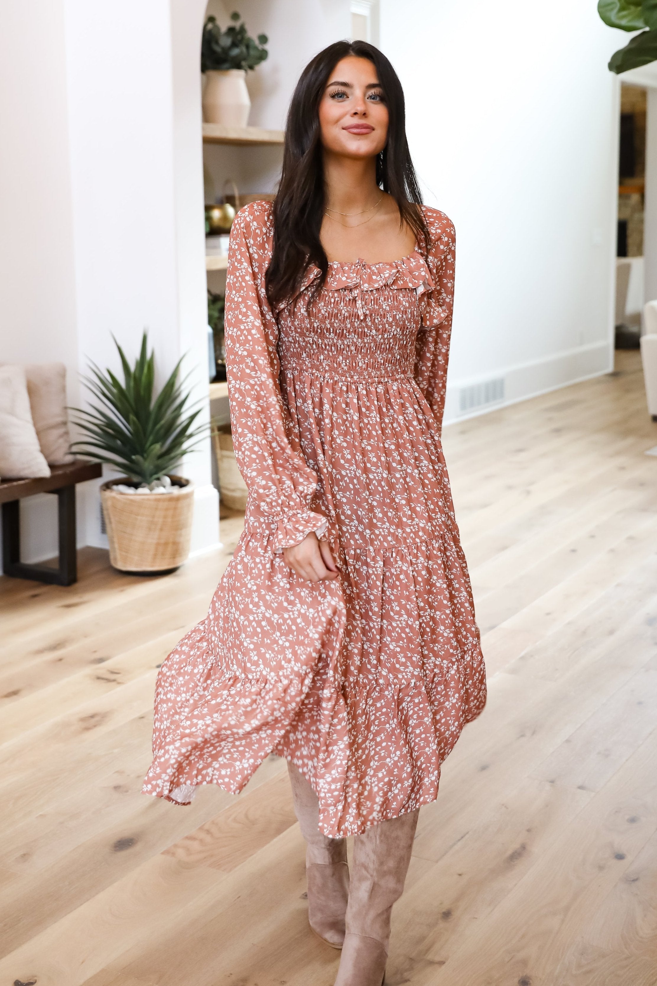 Elevated Invite Rust Floral Midi Dress