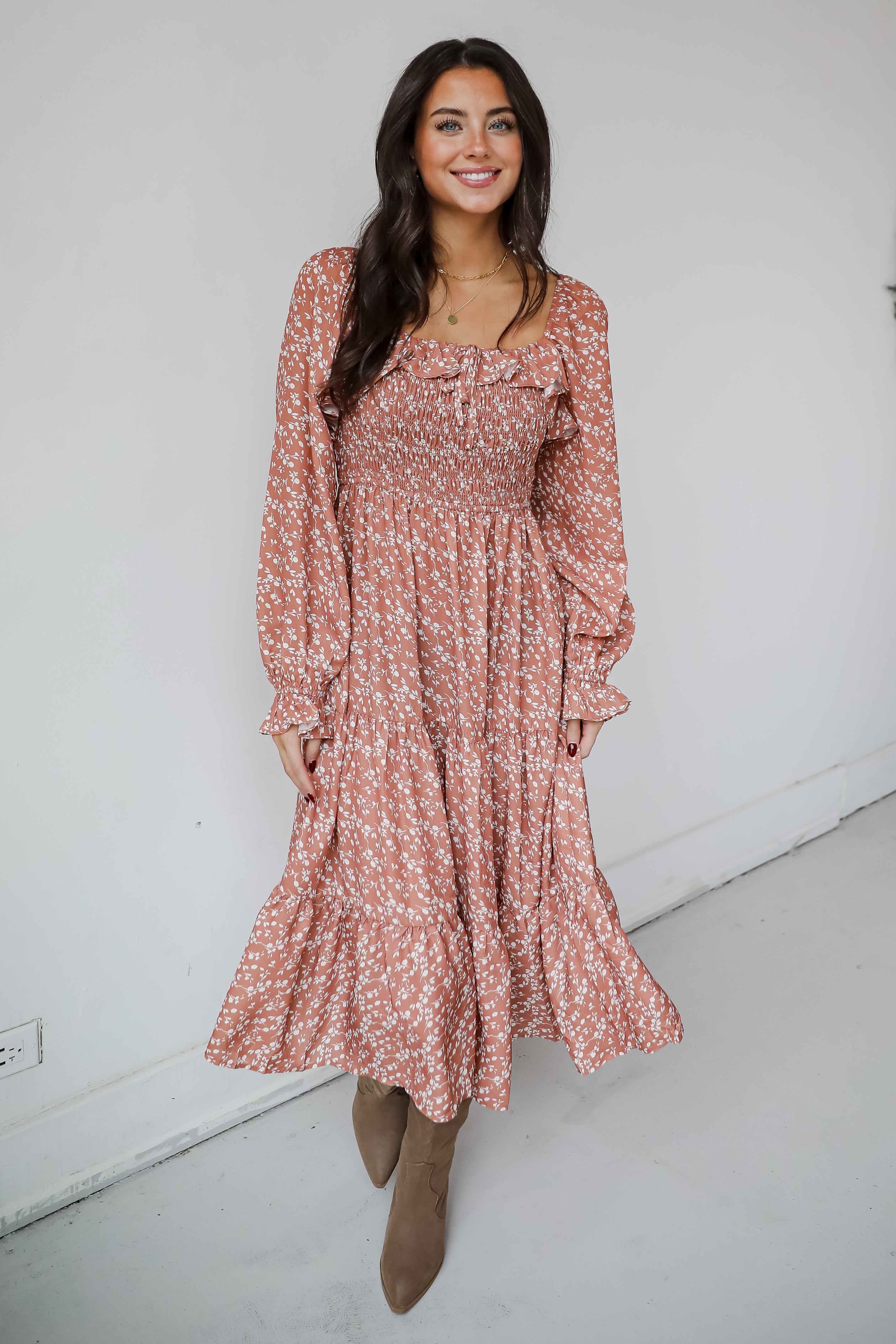 Elevated Invite Rust Floral Midi Dress