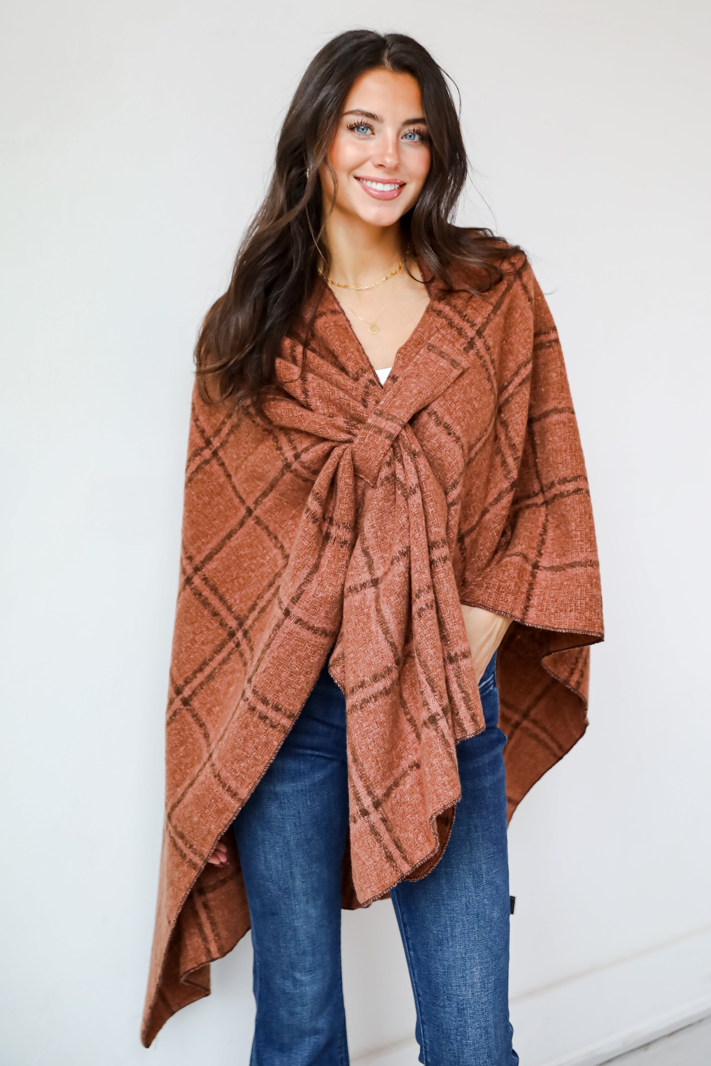 Cozy Success Rust Plaid Shawl