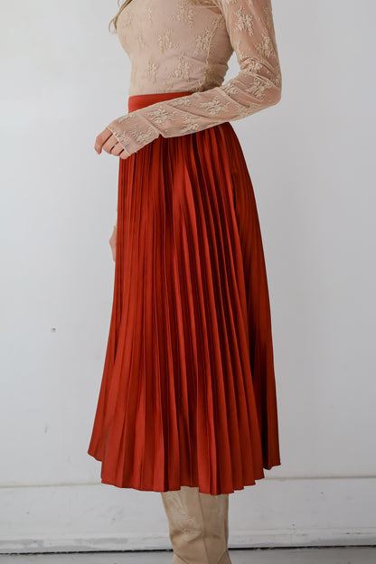 Fabulous Always Rust Satin Pleated Midi Skirt