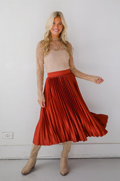 Fabulous Always Rust Satin Pleated Midi Skirt