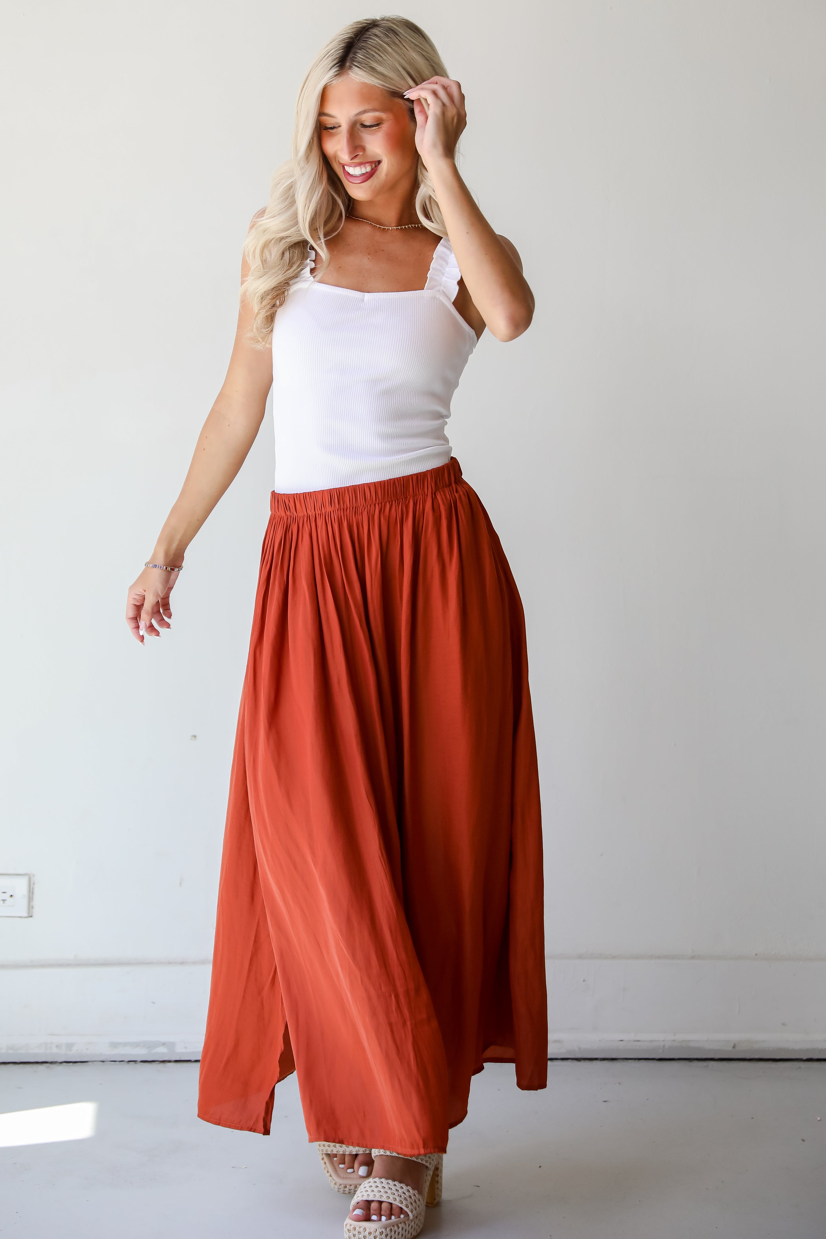 Rust Satin Midi Skirt