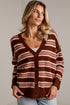 A woman wearing a brown, pink, and beige striped knit cardigan sweater with a V-neck and button-front closure, paired with light blue jeans.