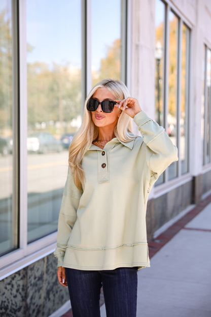 Majorly Comfy Sage Collared Pullover