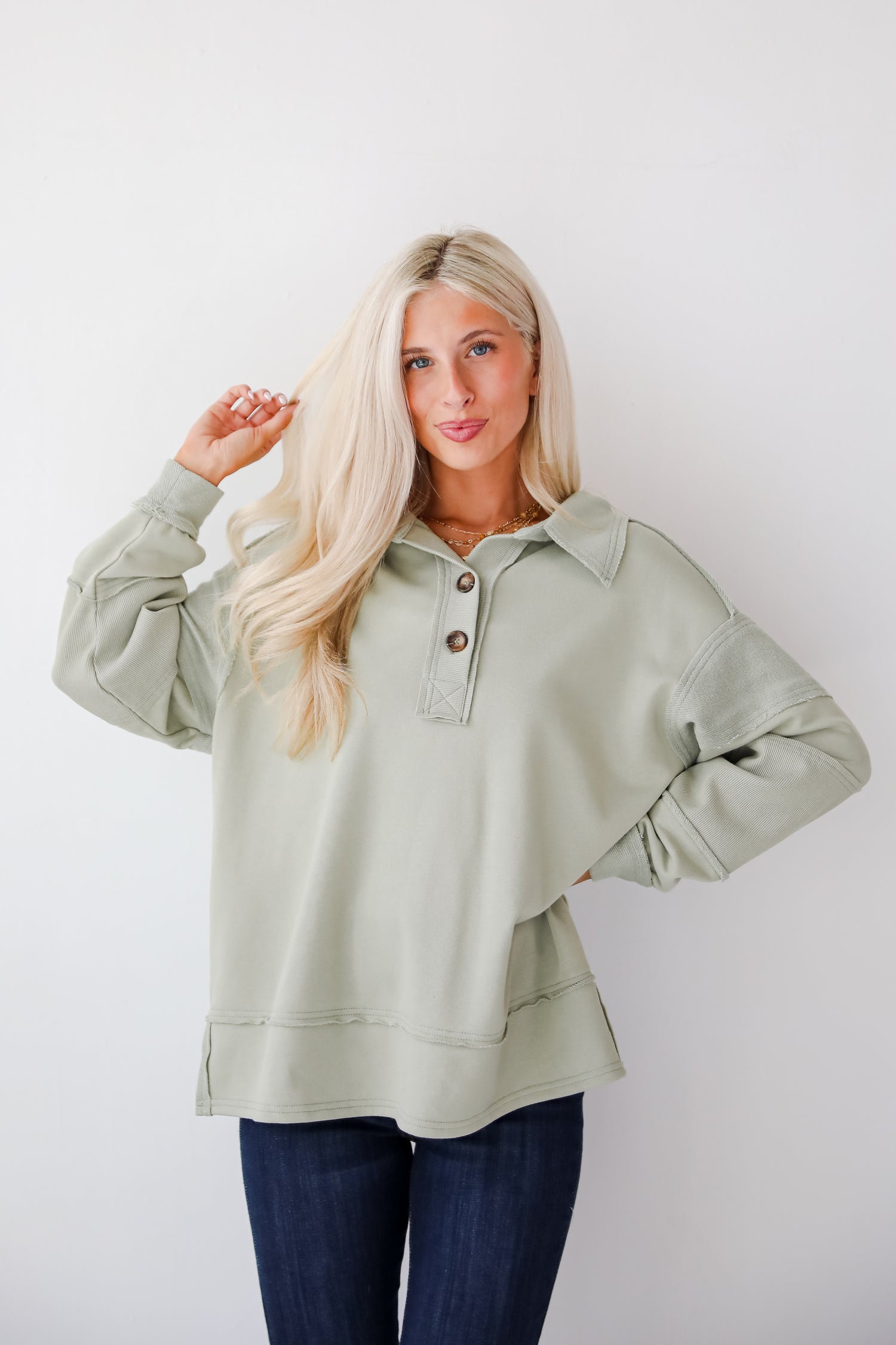 Majorly Comfy Sage Collared Pullover