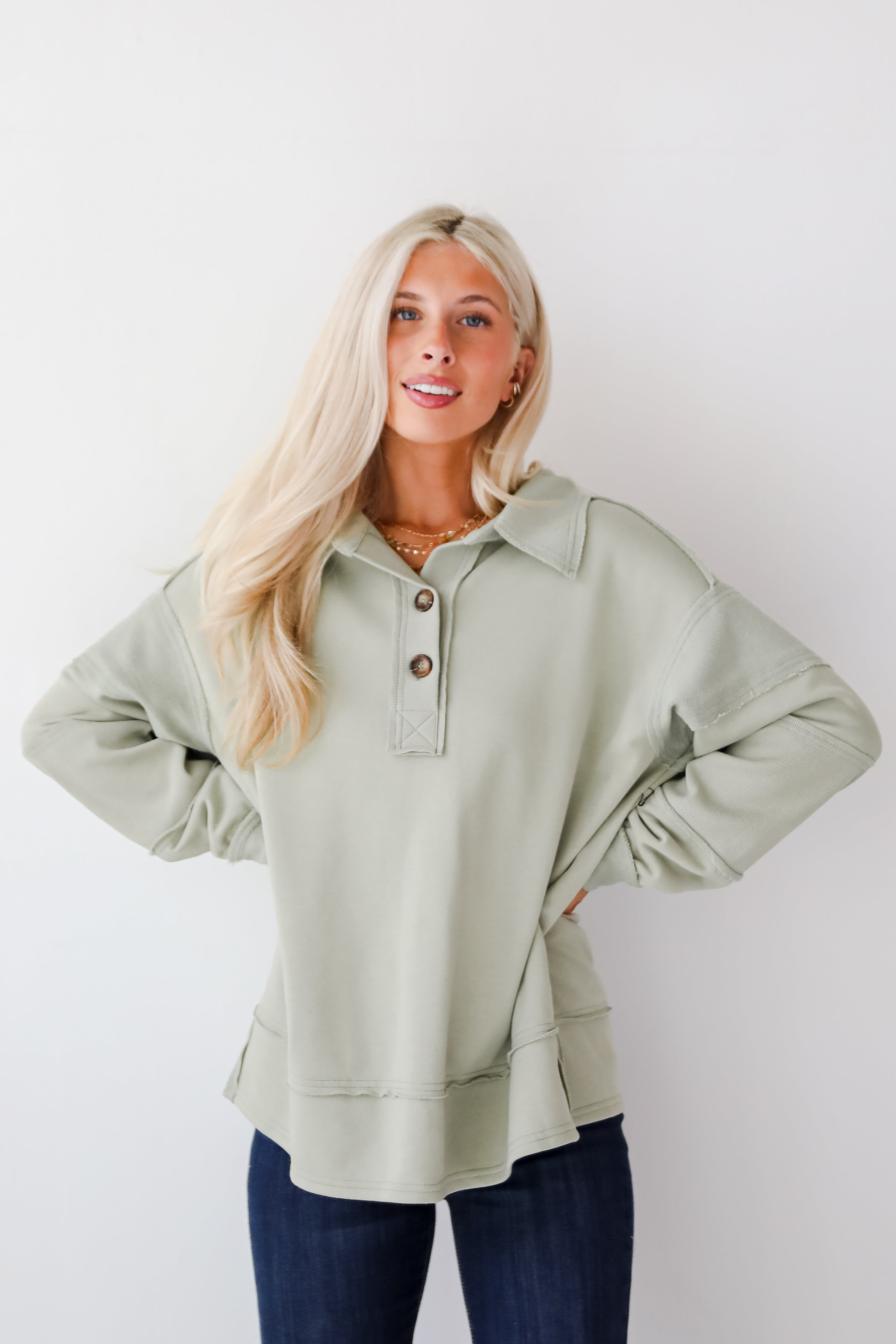 Majorly Comfy Sage Collared Pullover