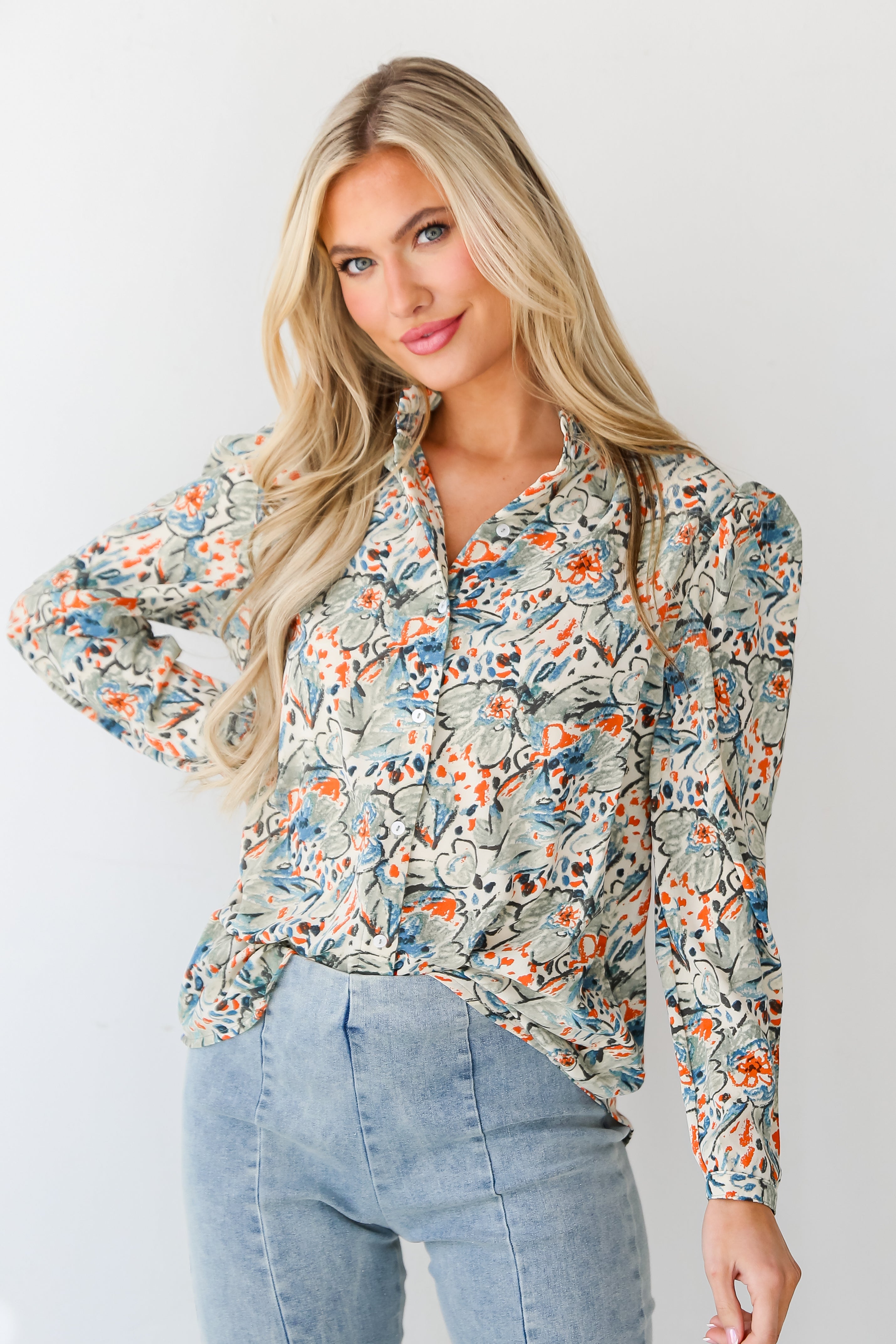 colorful Sage Floral Blouse