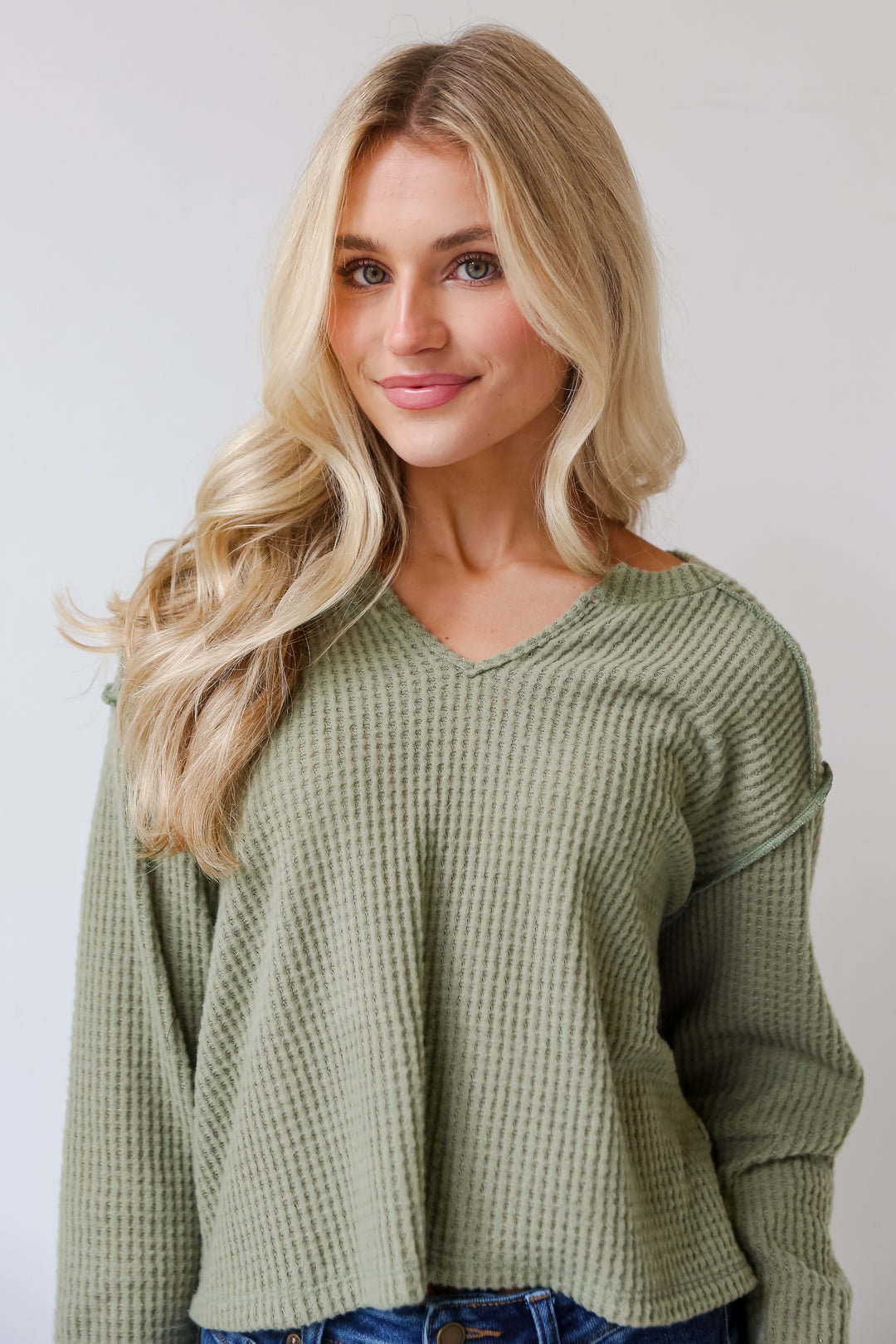 Sage Brushed Waffle Knit Top close up