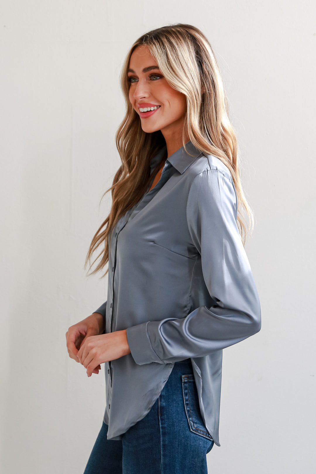 light blue Satin Button-Up Blouse side view