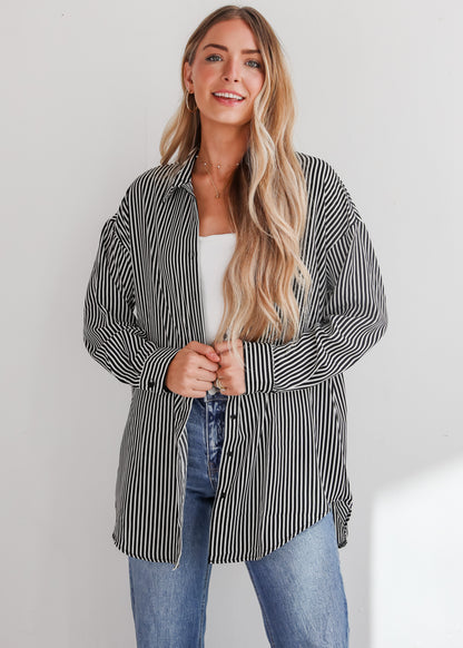 Playfully Composed Black Satin Striped Button-Up Blouse